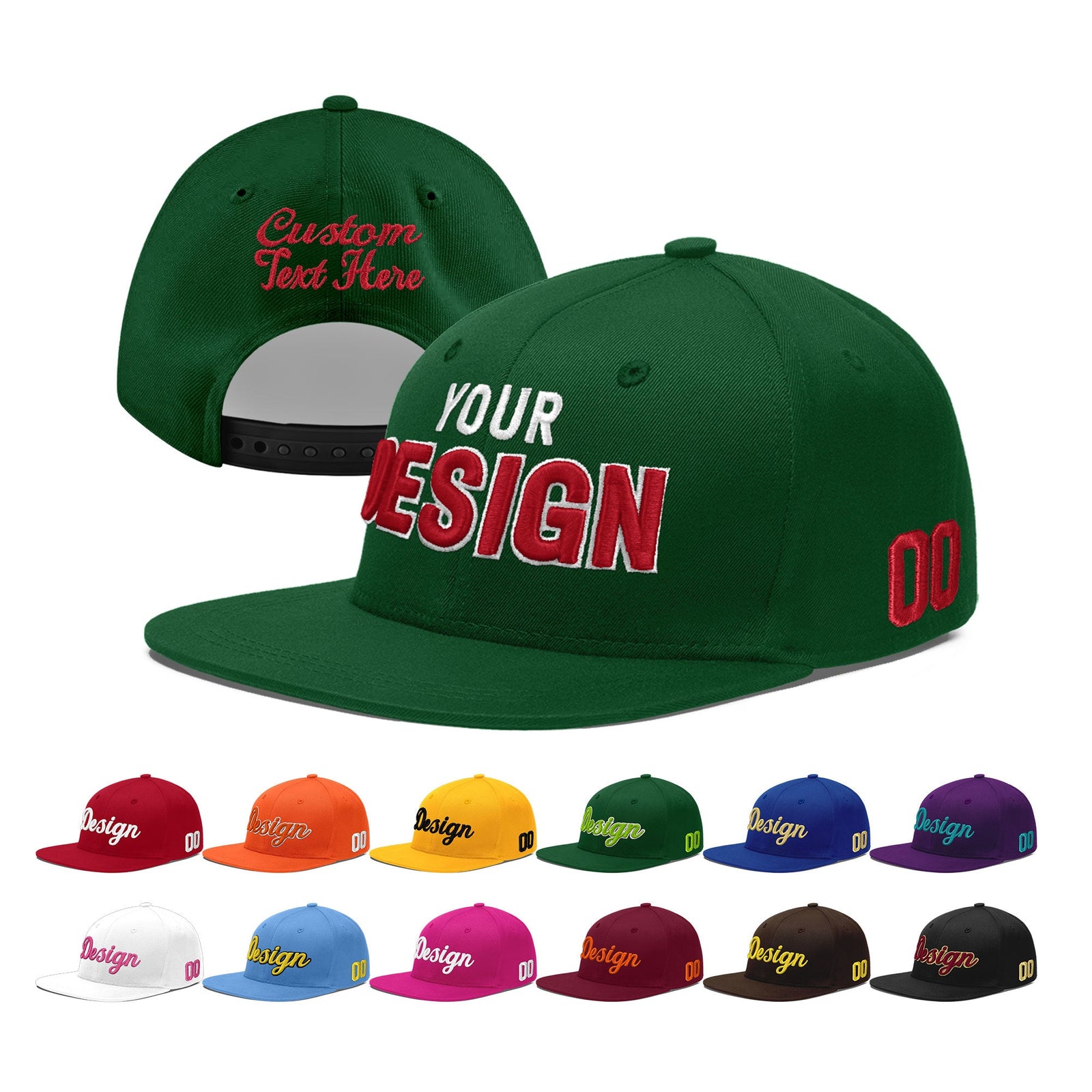 Custom Green 3D Puff Embroidery Flat Embroidery Casual Sport Baseball Cap