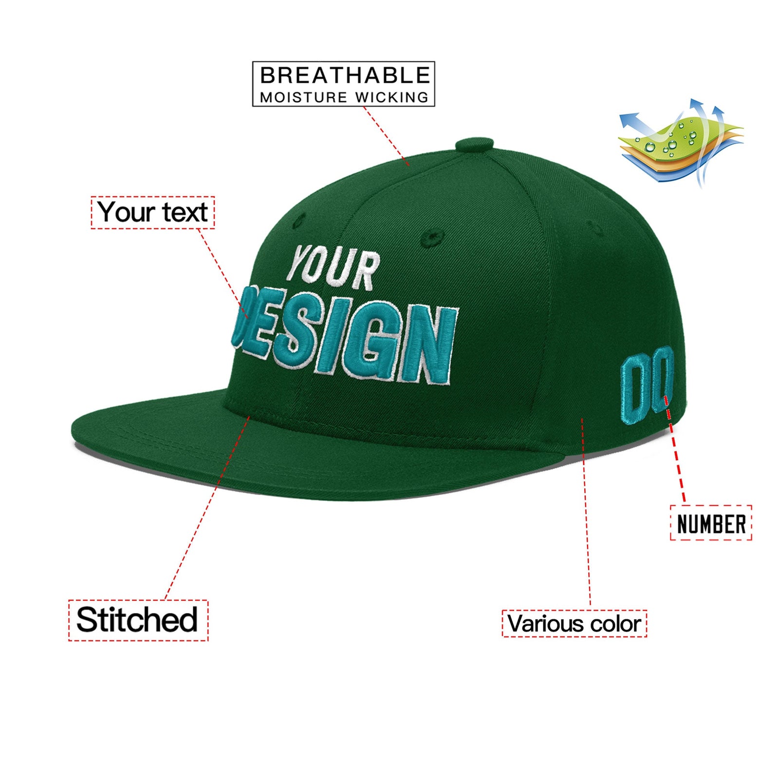 Custom Green 3D Puff Embroidery Flat Embroidery Casual Sport Baseball Cap