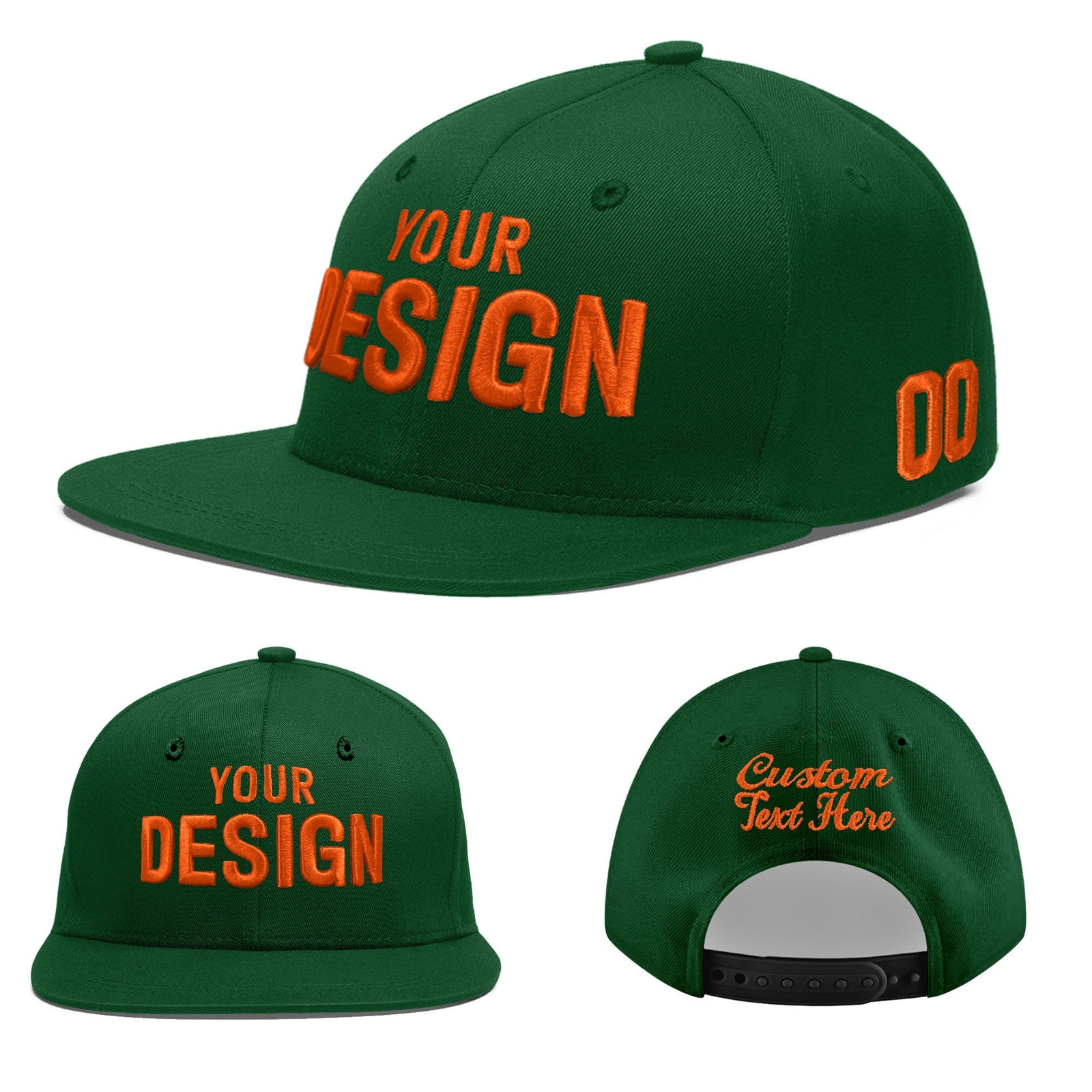 Custom Green 3D Puff Embroidery Flat Embroidery Casual Sport Baseball Cap