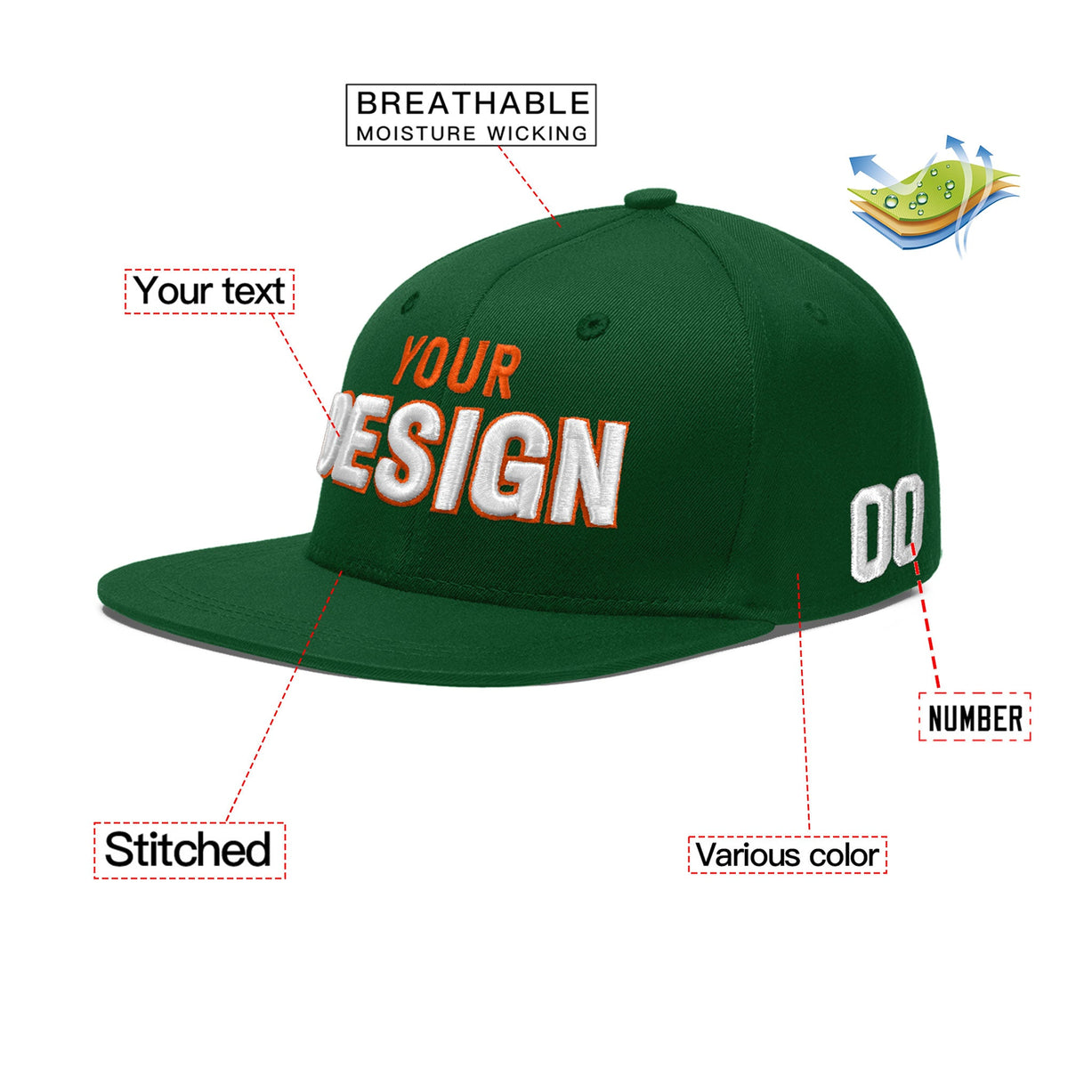 Custom Green 3D Puff Embroidery Flat Embroidery Casual Sport Baseball Cap