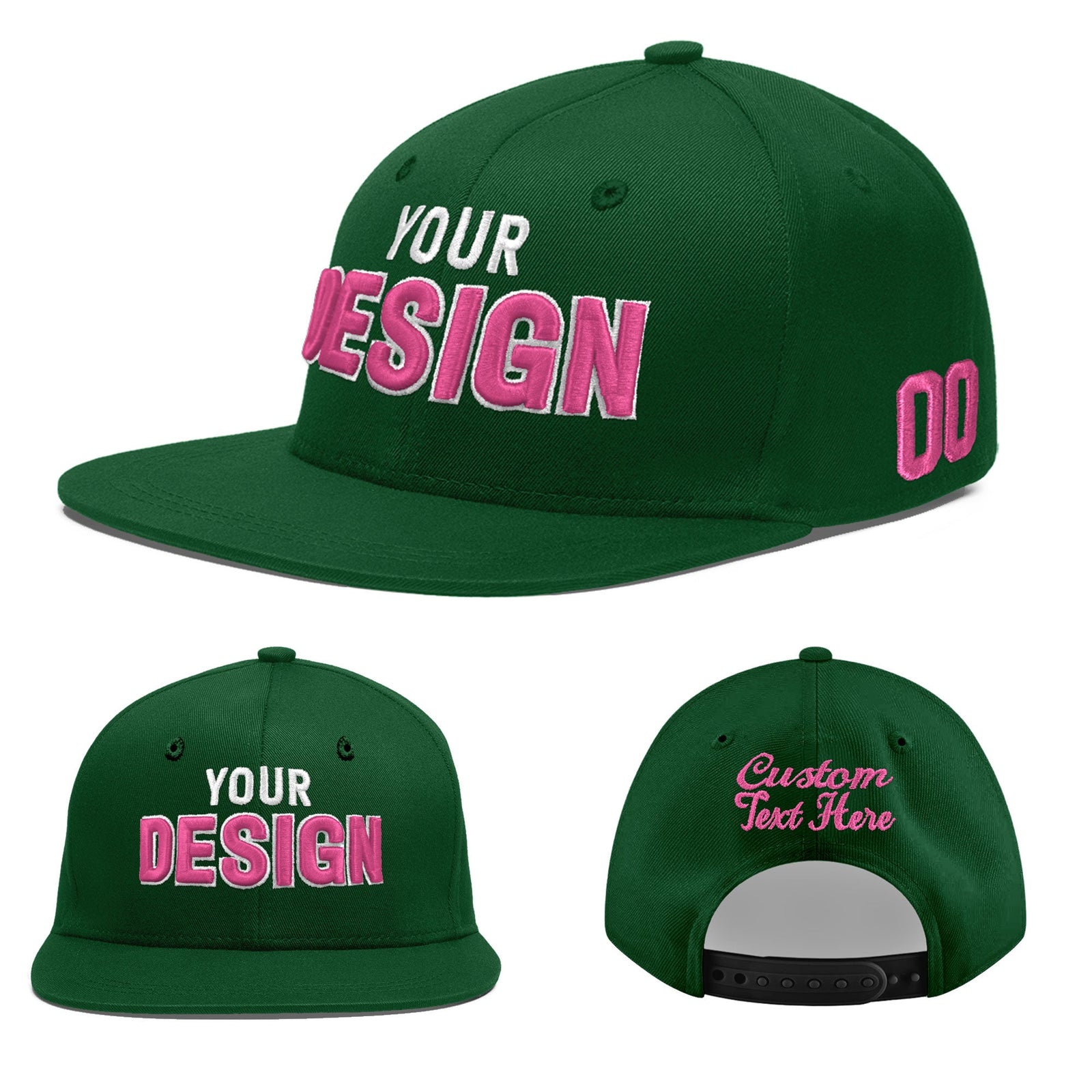 Custom Green 3D Puff Embroidery Flat Embroidery Casual Sport Baseball Cap