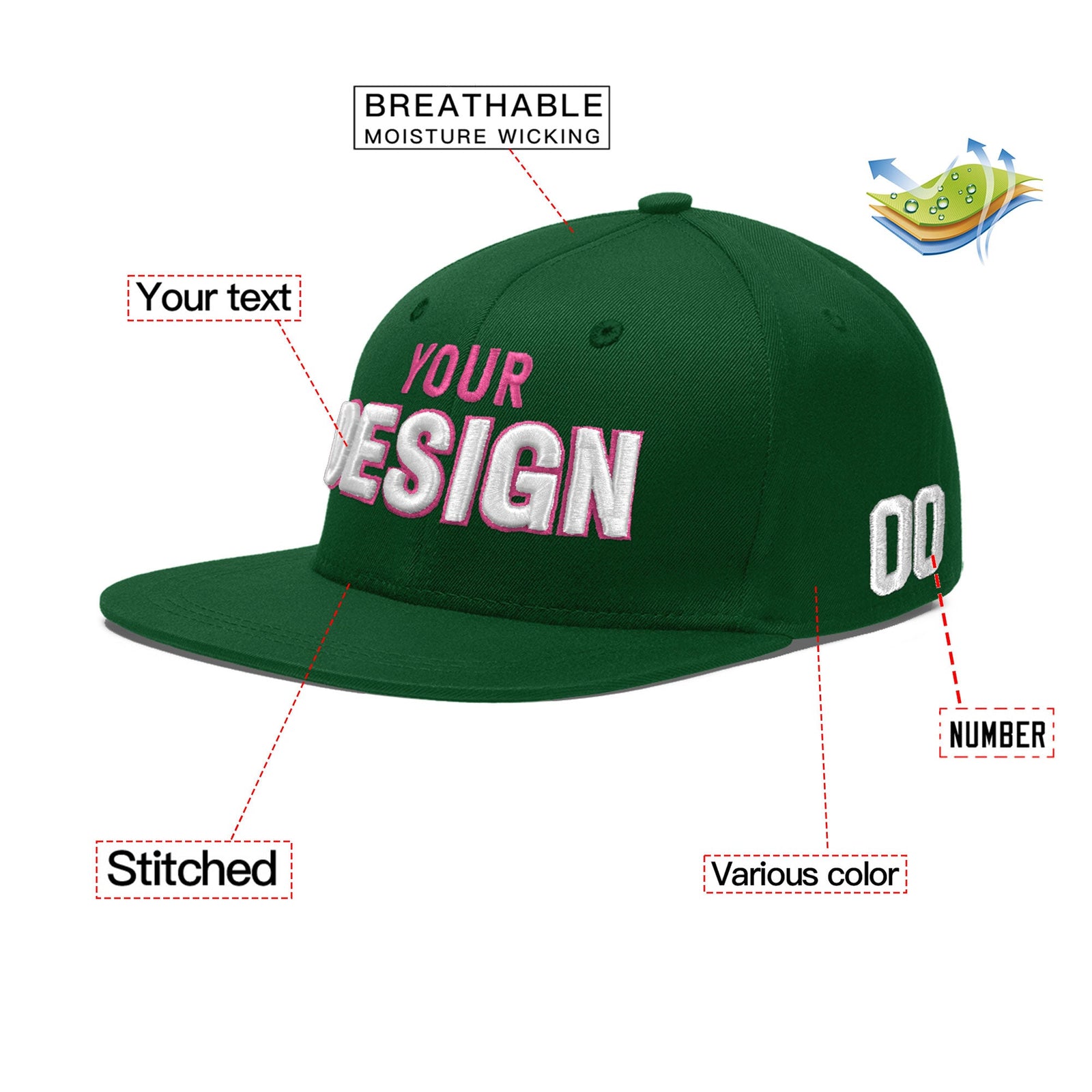 Custom Green 3D Puff Embroidery Flat Embroidery Casual Sport Baseball Cap