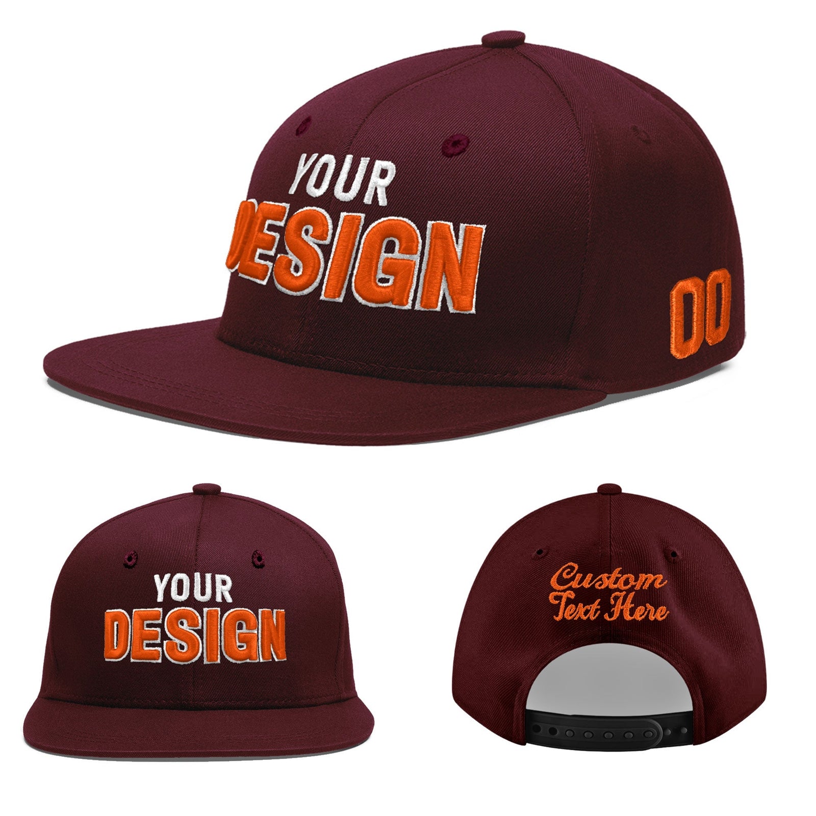 Custom Burgundy 3D Puff Embroidery Flat Embroidery Casual Sport Baseball Cap
