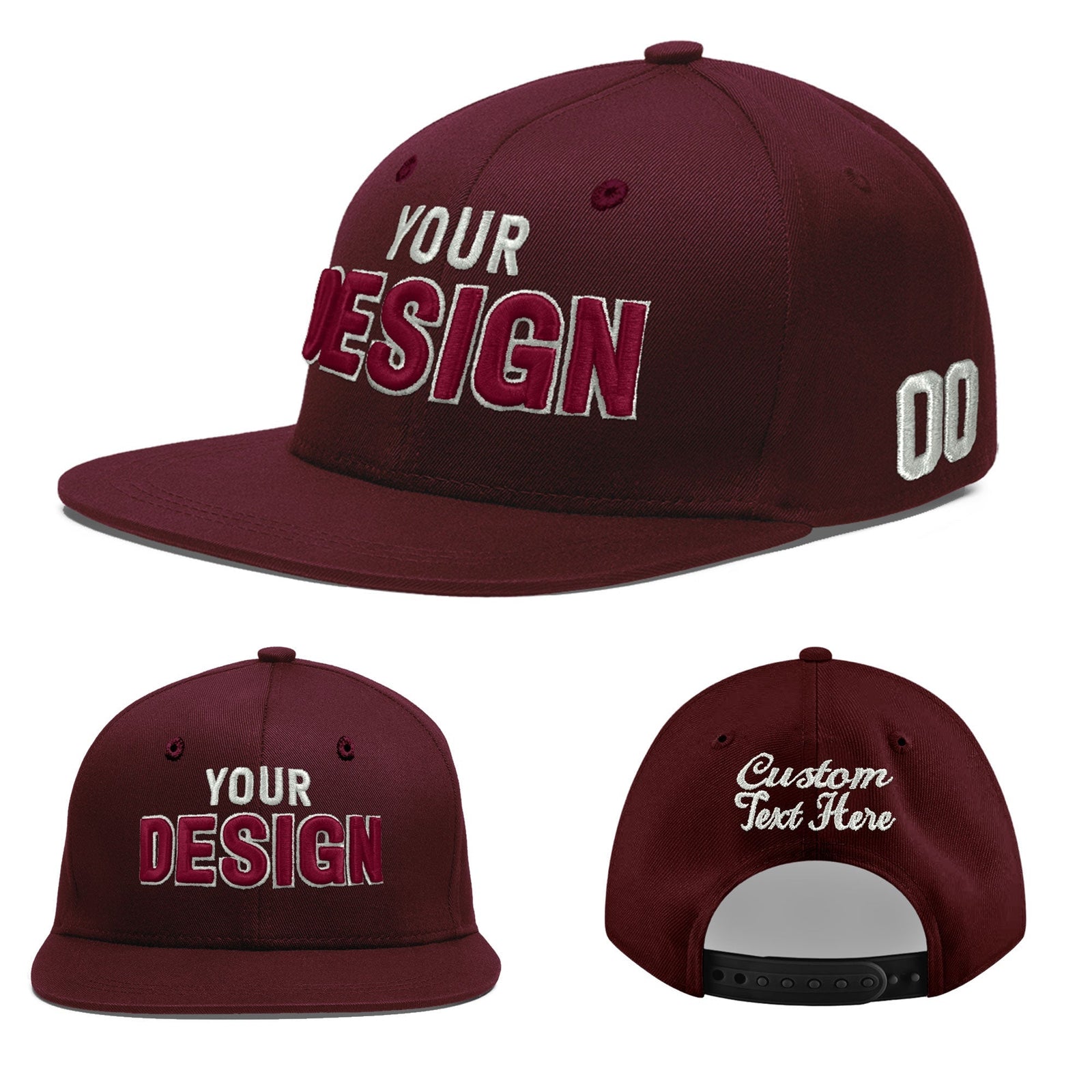 Custom Burgundy 3D Puff Embroidery Flat Embroidery Casual Sport Baseball Cap
