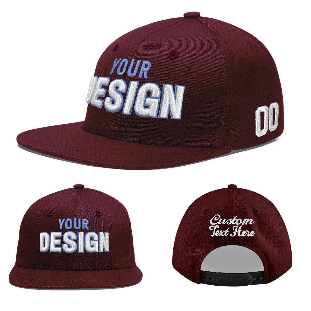Custom Burgundy 3D Puff Embroidery Flat Embroidery Casual Sport Baseball Cap