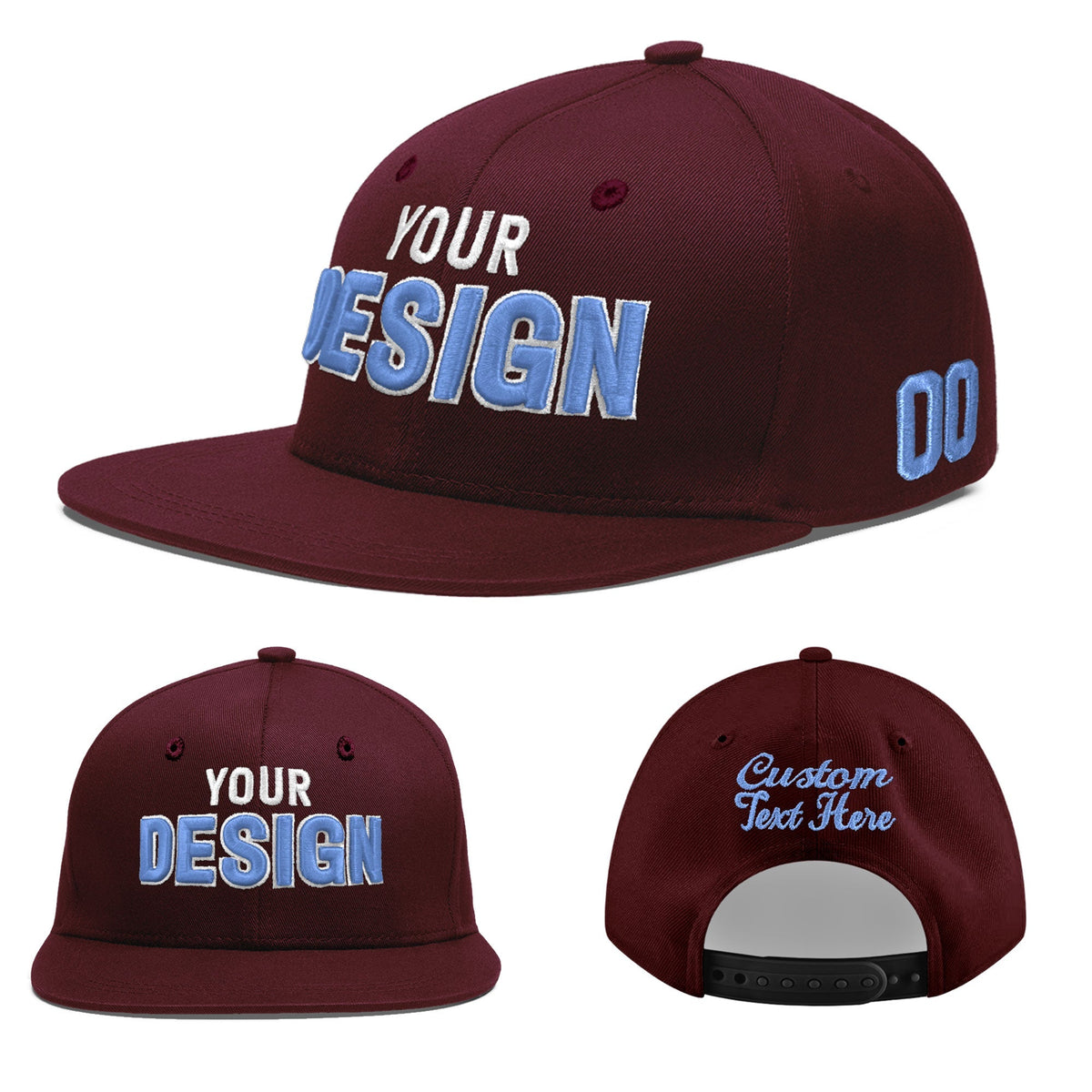 Custom Burgundy 3D Puff Embroidery Flat Embroidery Casual Sport Baseball Cap