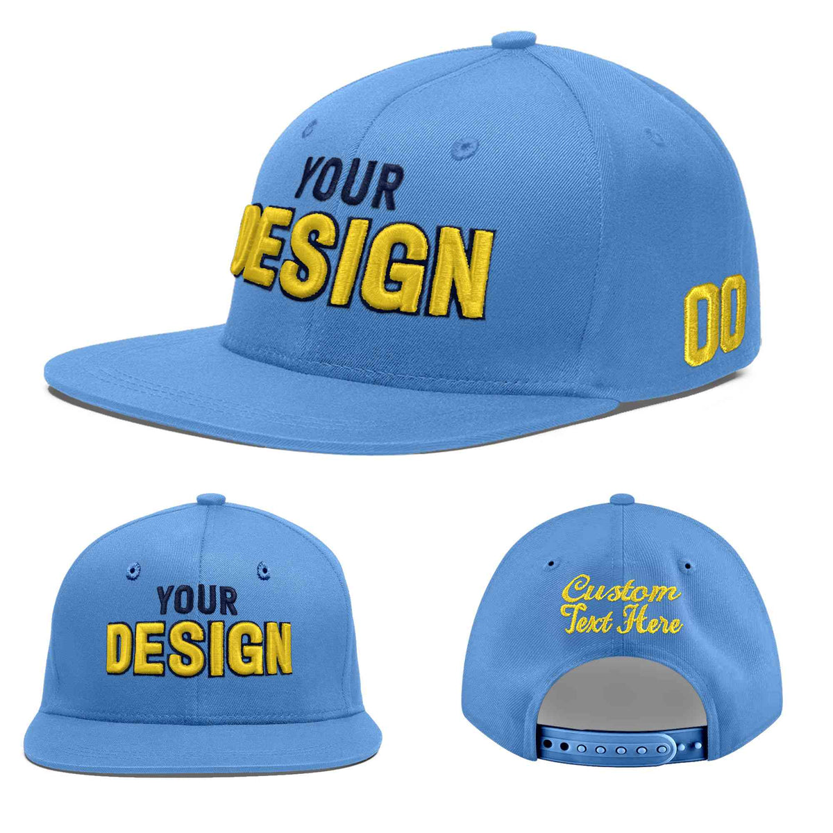 Custom Powder Blue 3D Puff Embroidery Flat Embroidery Casual Sport Baseball Cap