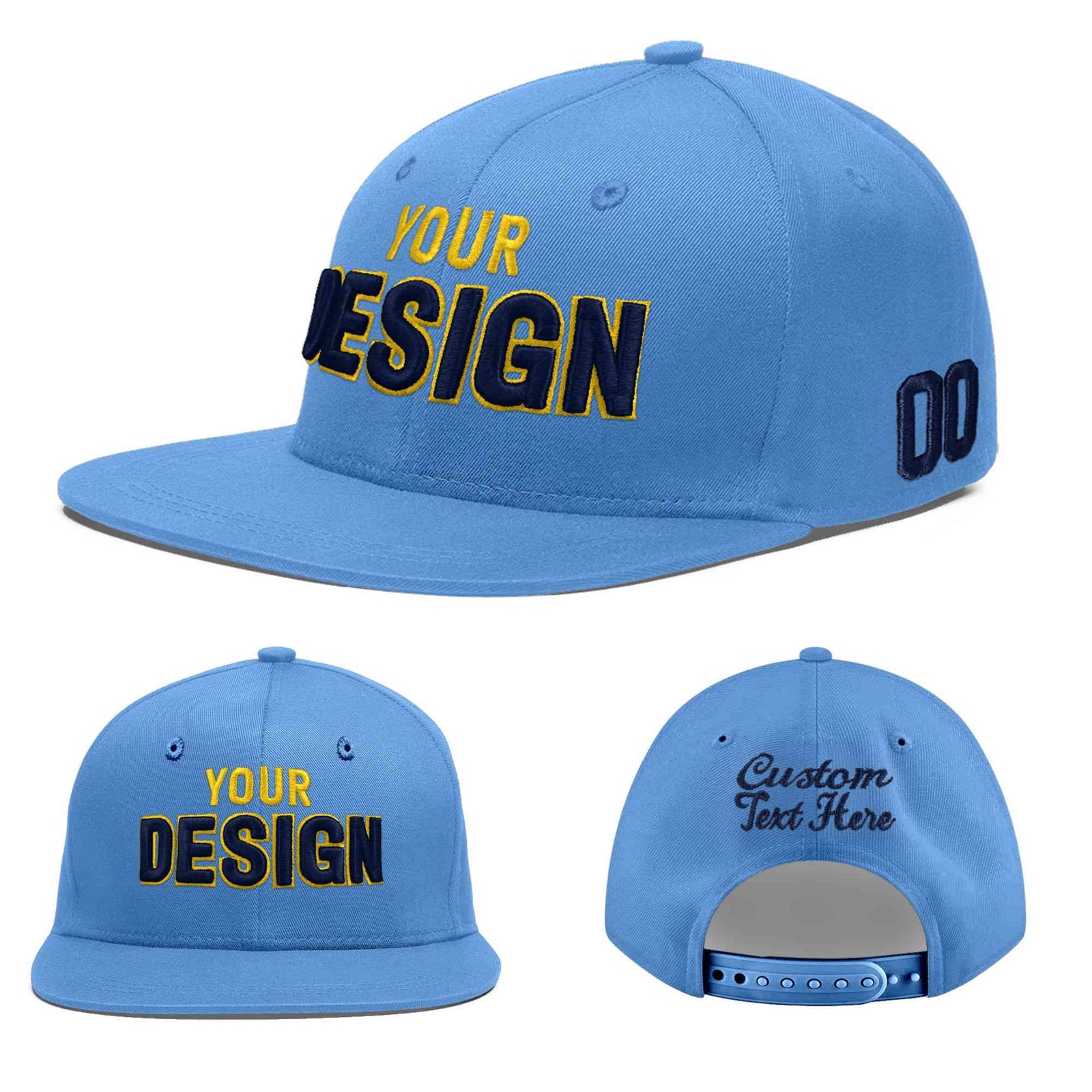 Custom Light Blue 3D Puff Embroidery Flat Embroidery Casual Sport Baseball Cap