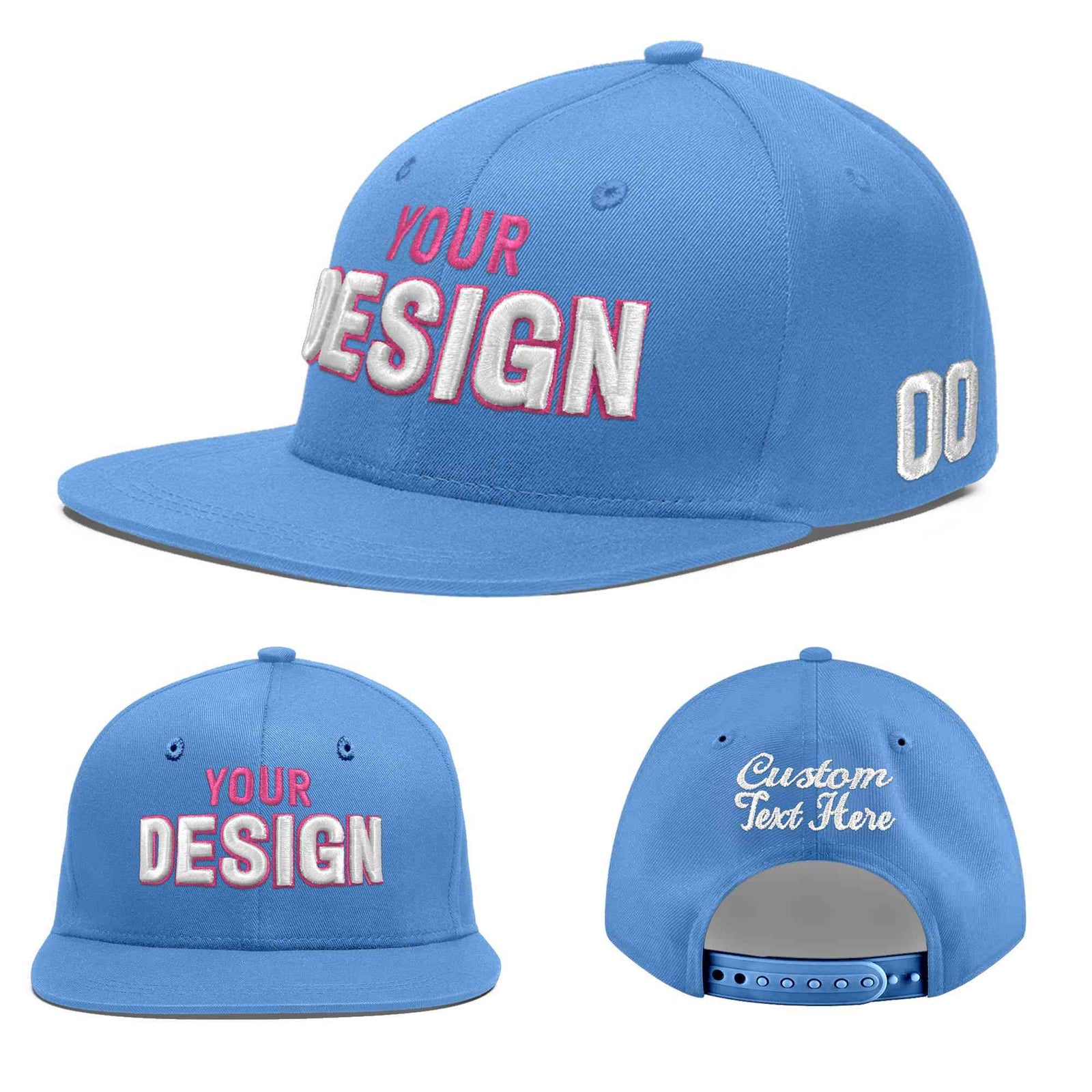Custom Light Blue 3D Puff Embroidery Flat Embroidery Casual Sport Baseball Cap