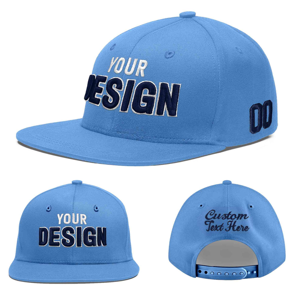 Custom Powder Blue 3D Puff Embroidery Flat Embroidery Casual Sport Baseball Cap