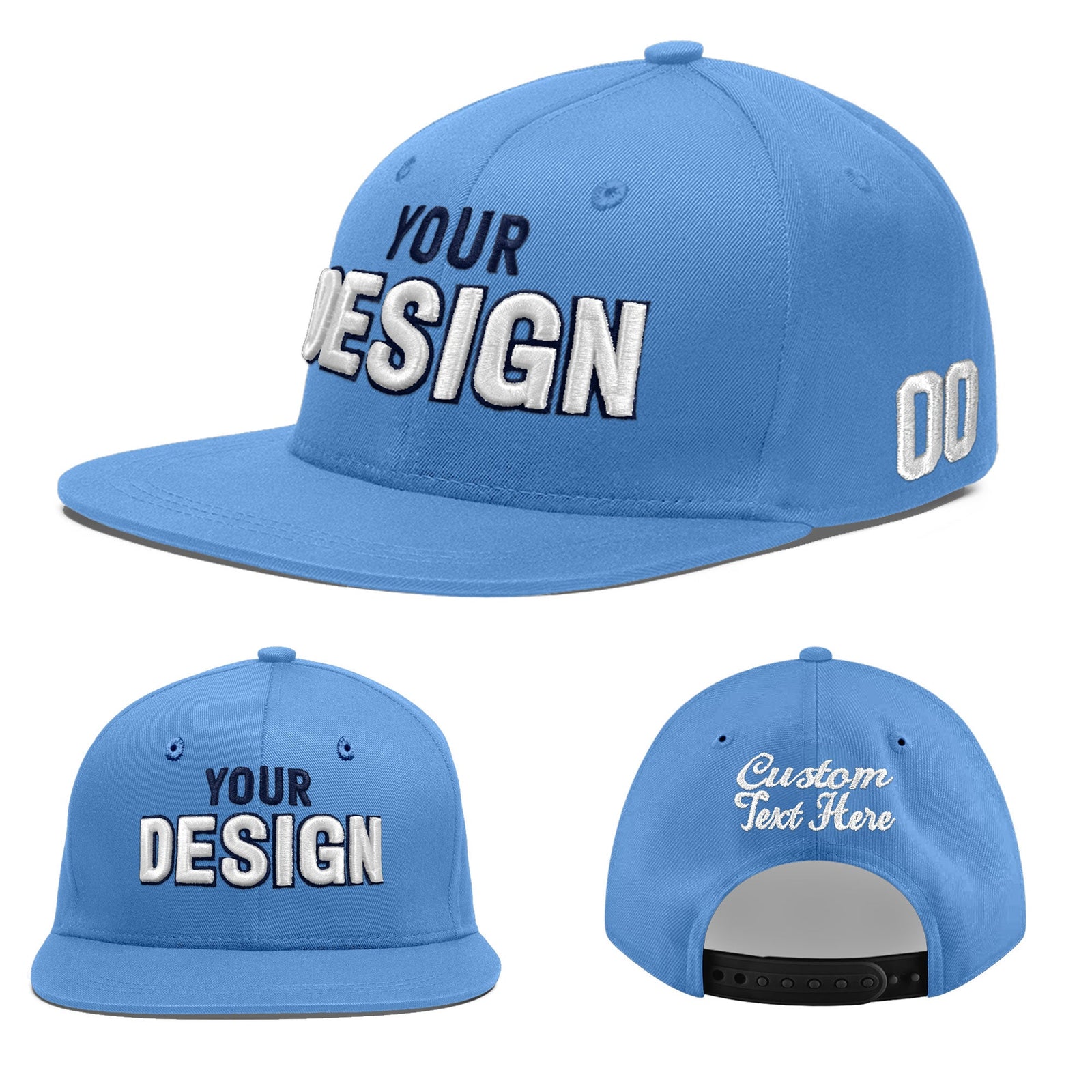 Custom Powder Blue 3D Puff Embroidery Flat Embroidery Casual Sport Baseball Cap
