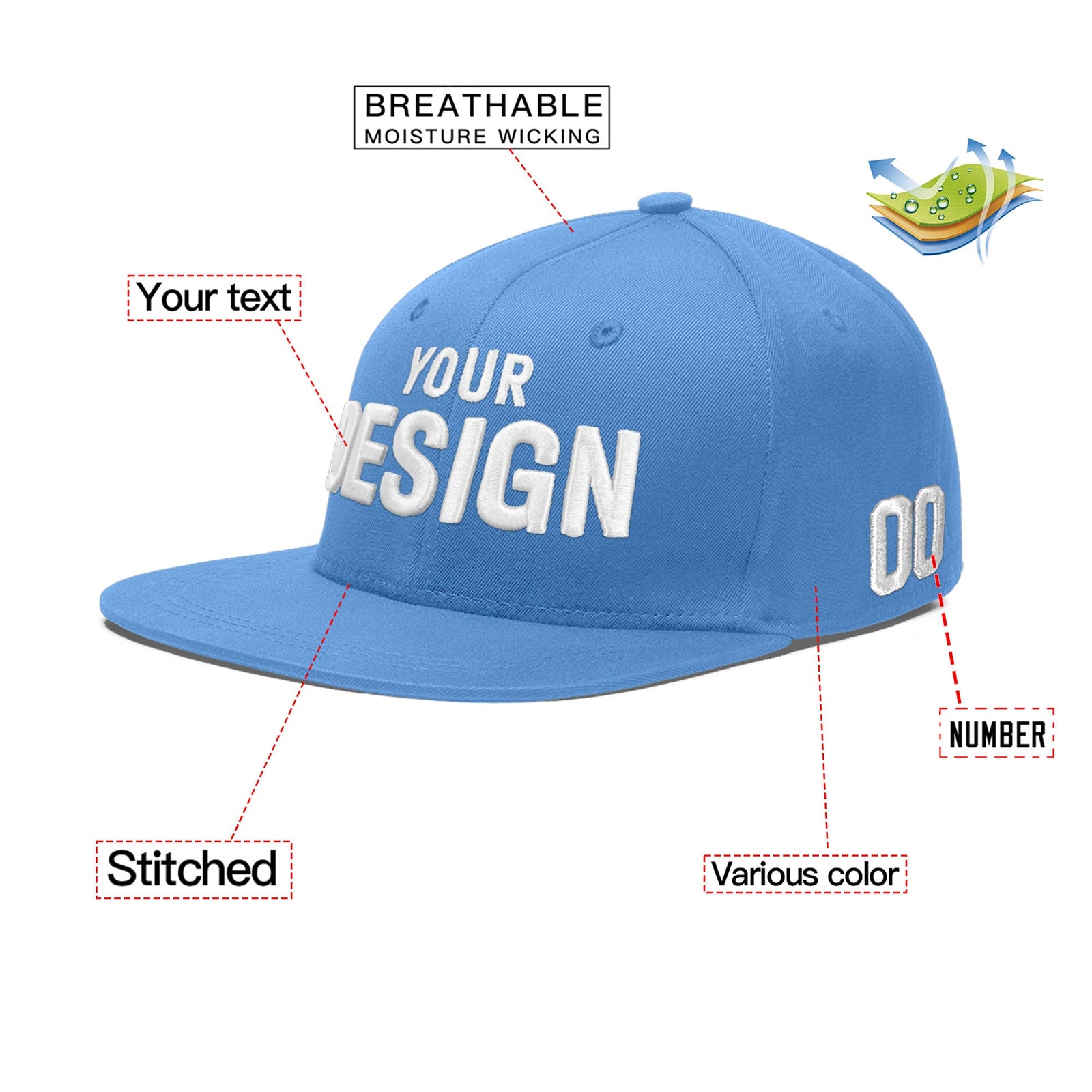 Custom Powder Blue 3D Puff Embroidery Flat Embroidery Casual Sport Baseball Cap
