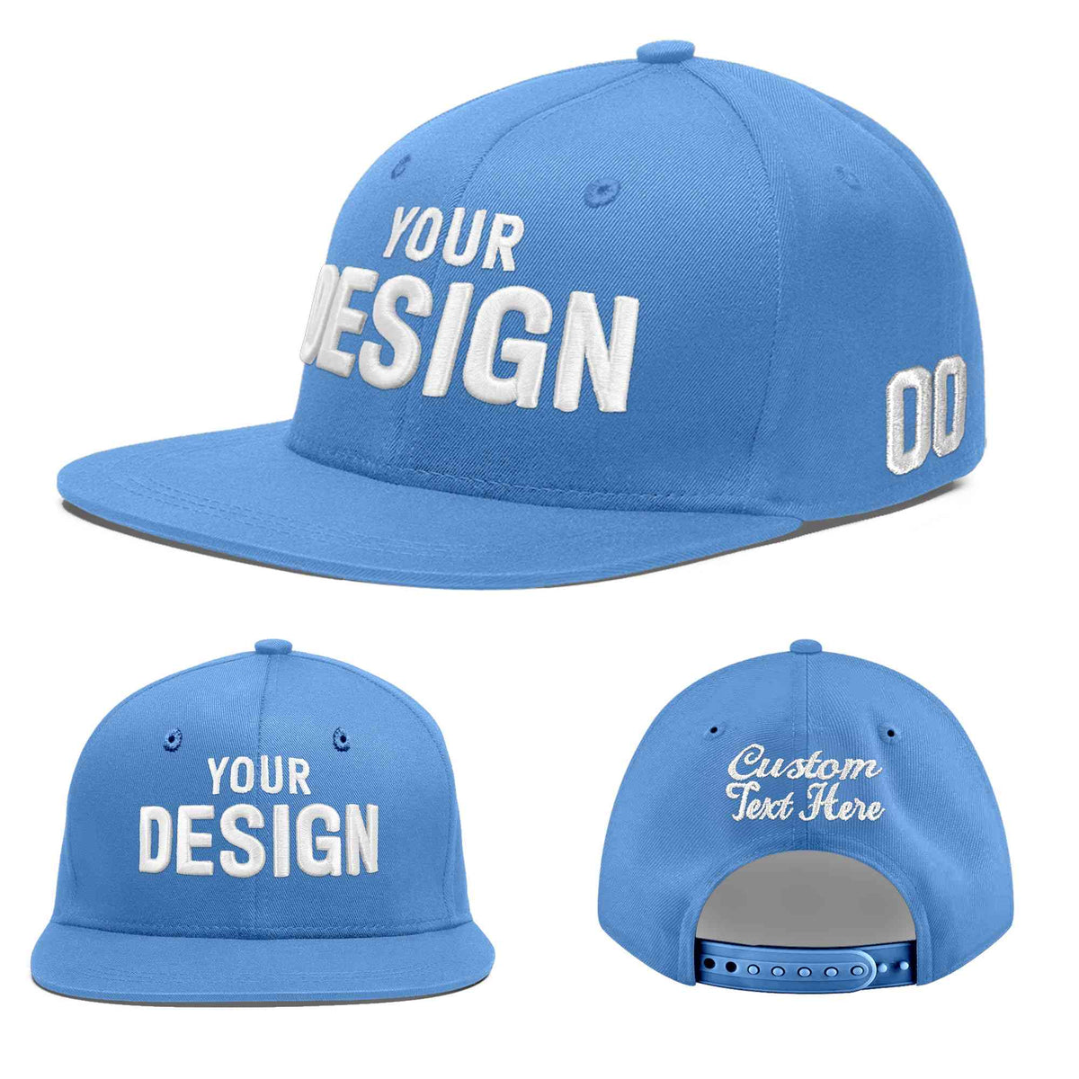 Custom Powder Blue 3D Puff Embroidery Flat Embroidery Casual Sport Baseball Cap