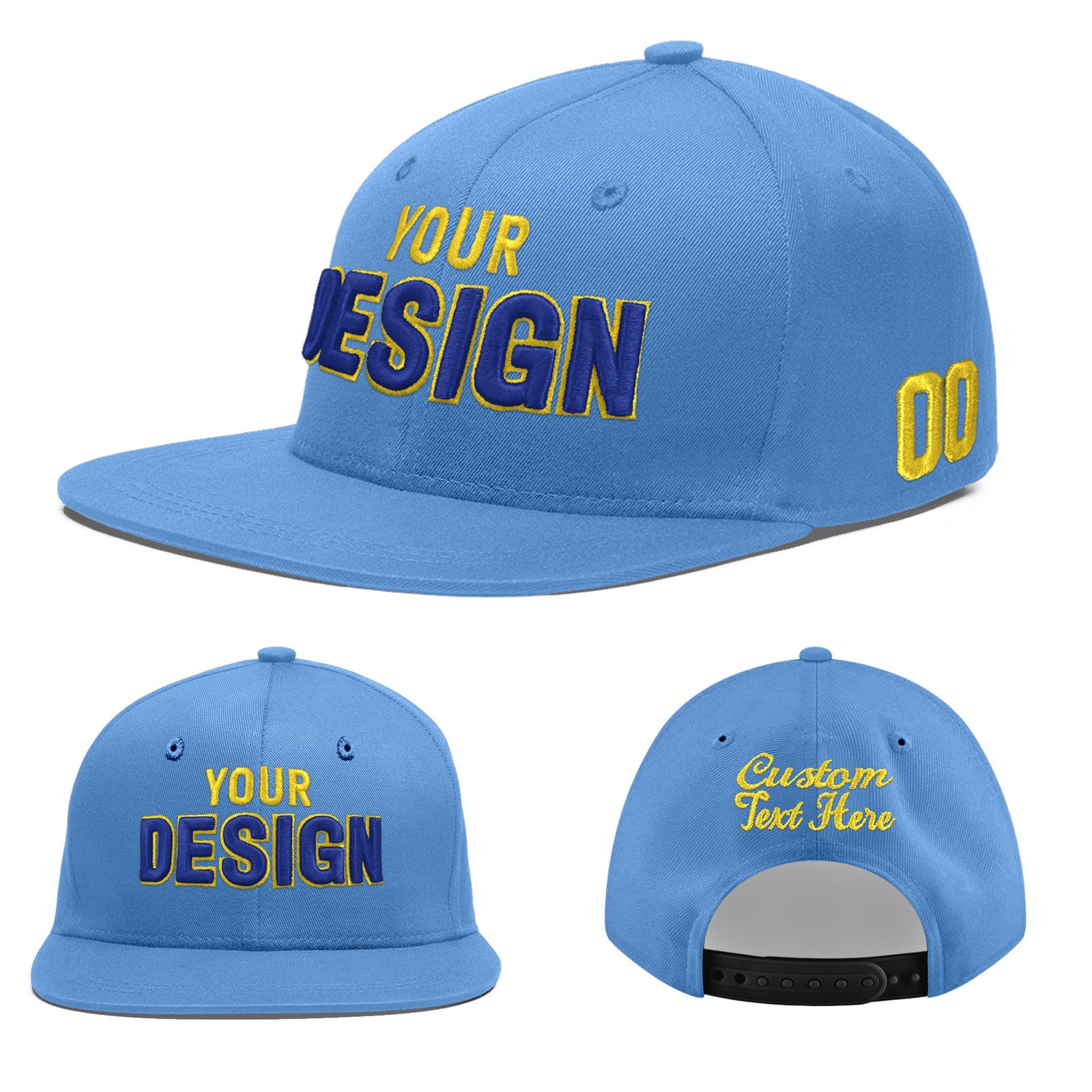 Custom Powder Blue 3D Puff Embroidery Flat Embroidery Casual Sport Baseball Cap
