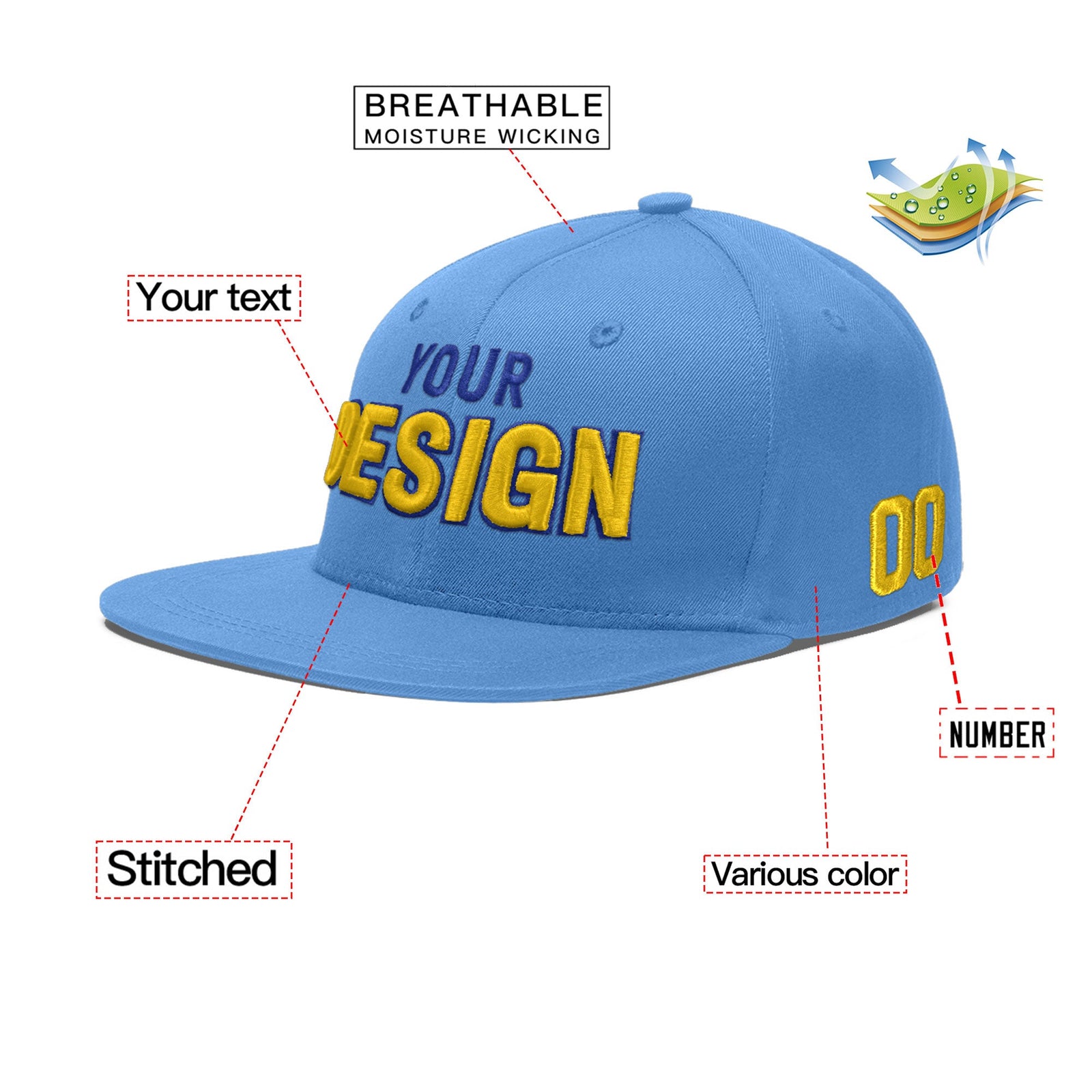 Custom Powder Blue 3D Puff Embroidery Flat Embroidery Casual Sport Baseball Cap