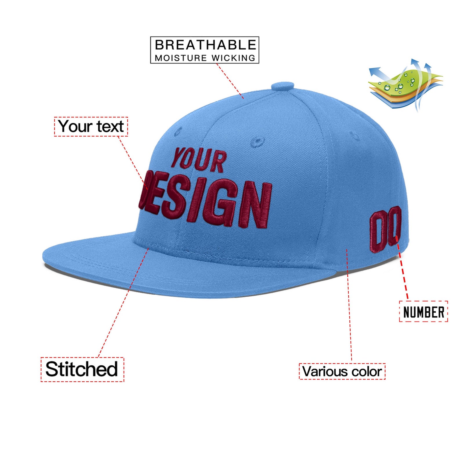 Custom Powder Blue 3D Puff Embroidery Flat Embroidery Casual Sport Baseball Cap