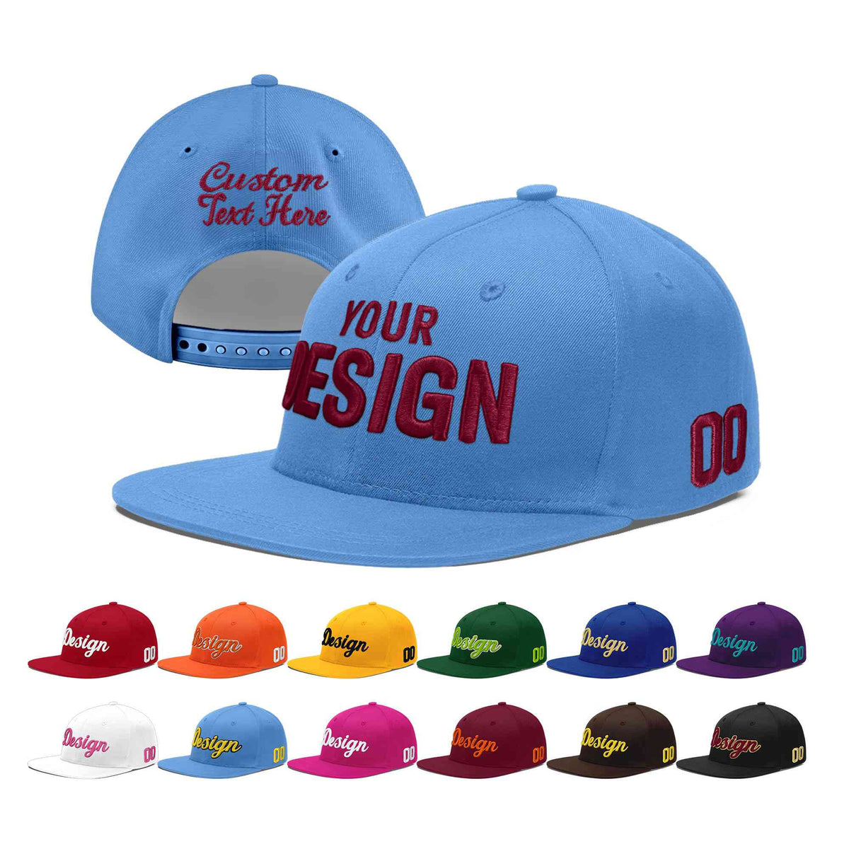 Custom Powder Blue 3D Puff Embroidery Flat Embroidery Casual Sport Baseball Cap