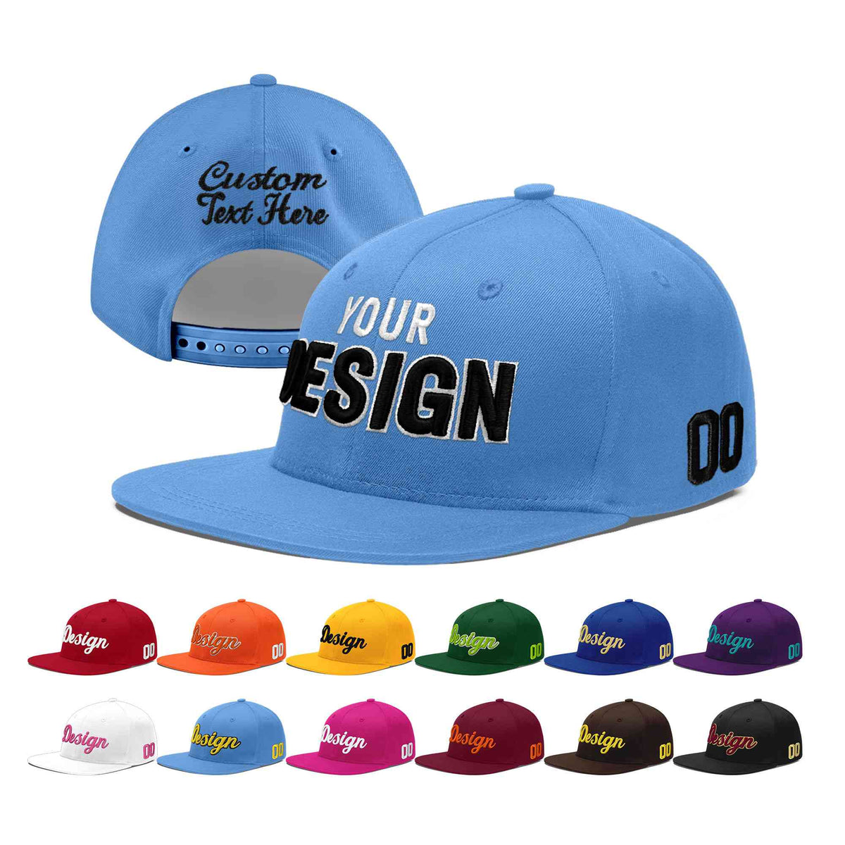 Custom Powder Blue 3D Puff Embroidery Flat Embroidery Casual Sport Baseball Cap