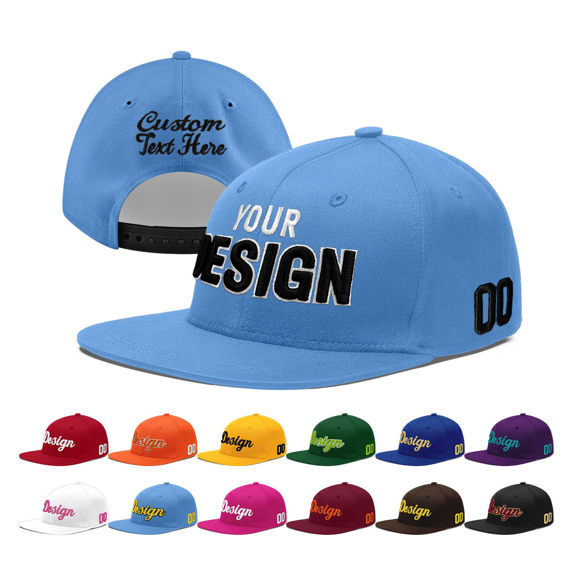 Custom Powder Blue 3D Puff Embroidery Flat Embroidery Casual Sport Baseball Cap