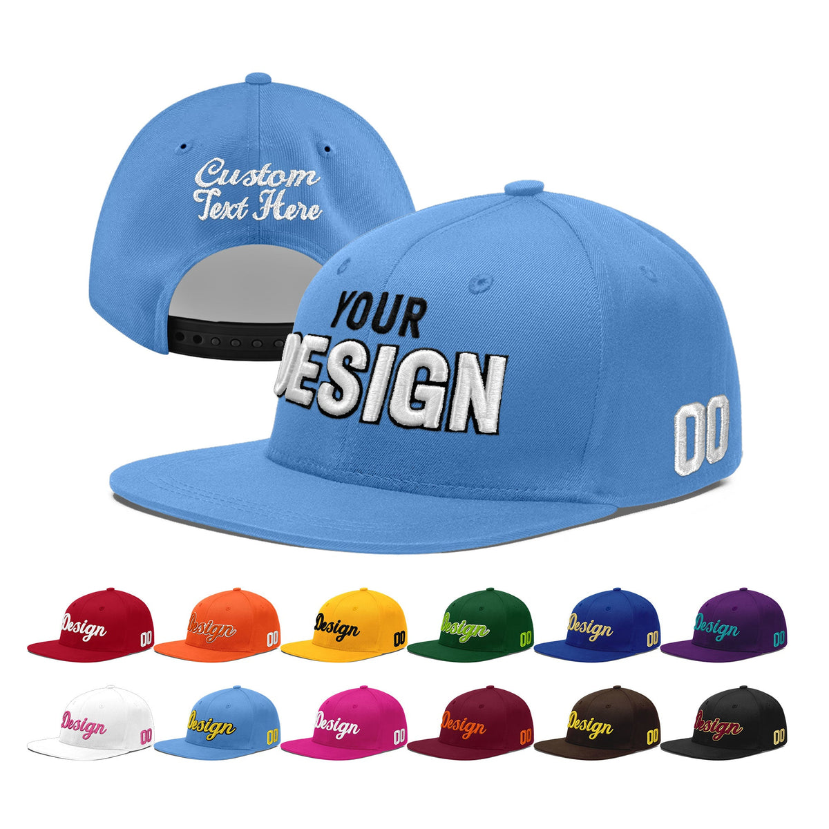 Custom Powder Blue 3D Puff Embroidery Flat Embroidery Casual Sport Baseball Cap