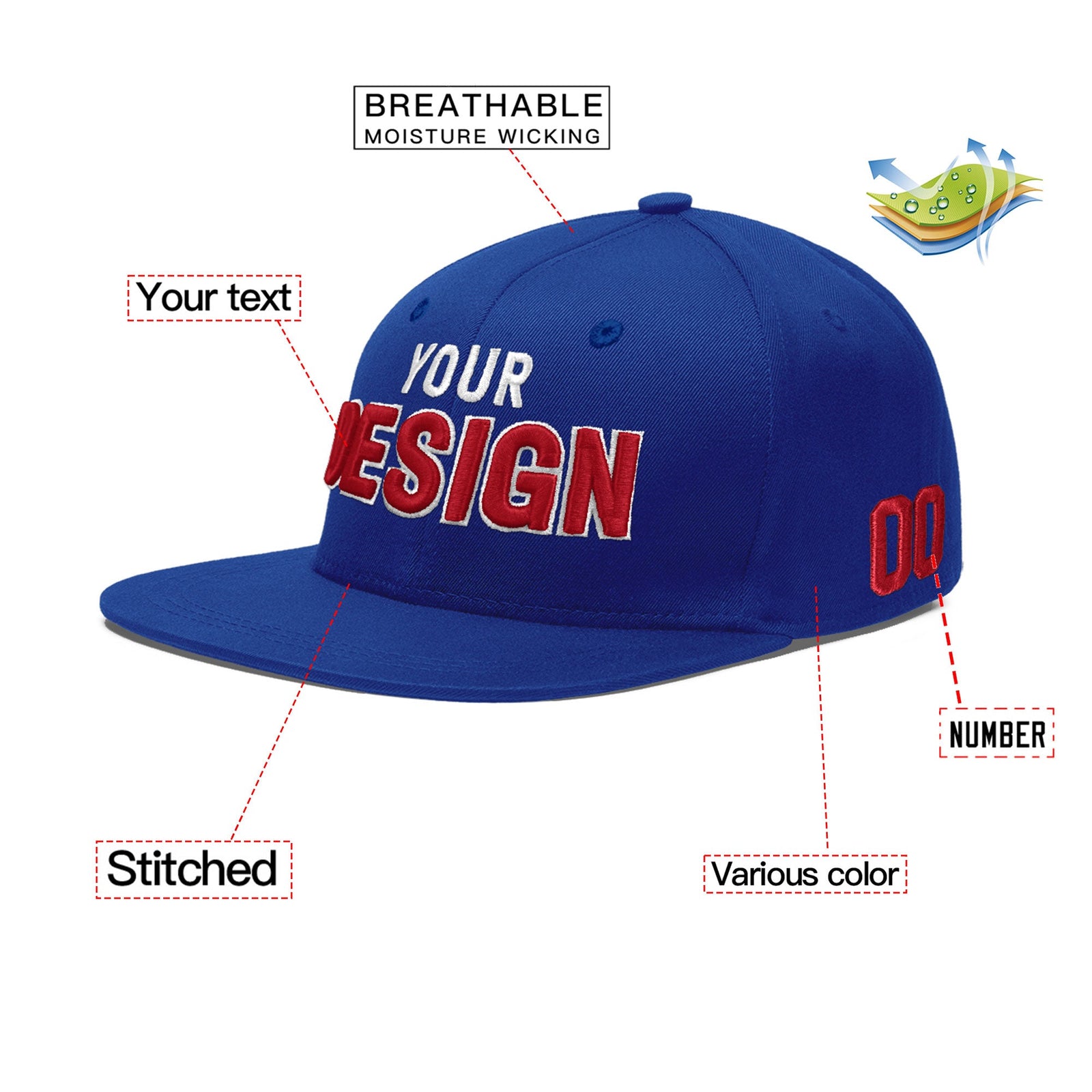 Custom Royal 3D Puff Embroidery Flat Embroidery Casual Sport Baseball Cap