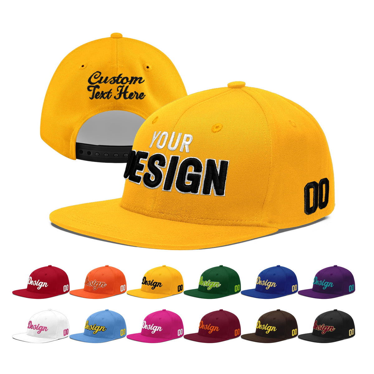 Custom Yellow 3D Puff Embroidery Flat Embroidery Casual Sport Baseball Cap
