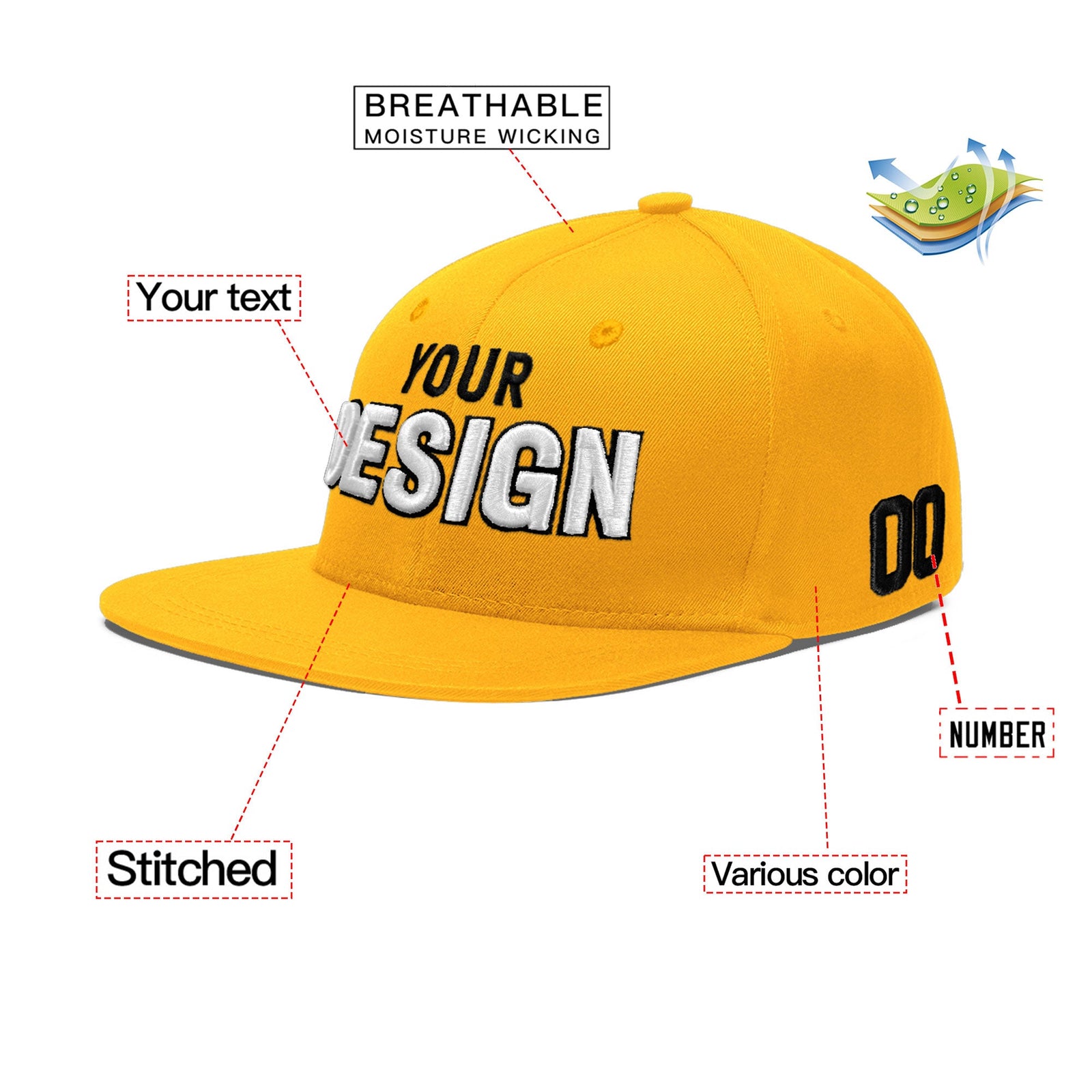 Custom Yellow 3D Puff Embroidery Flat Embroidery Casual Sport Baseball Cap