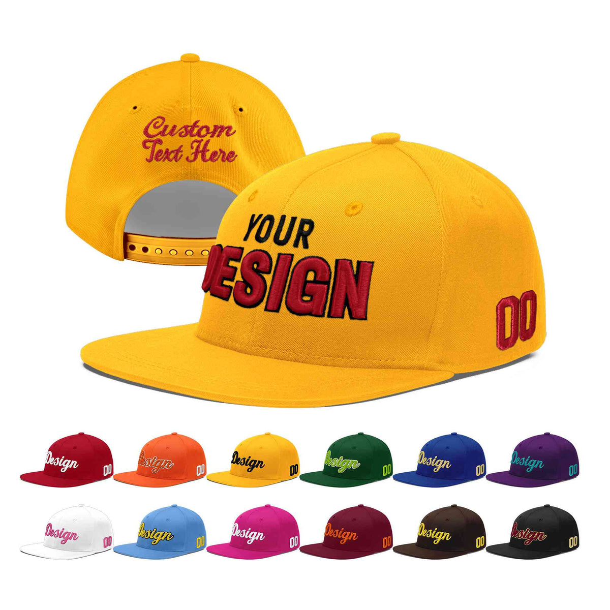 Custom Yellow 3D Puff Embroidery Flat Embroidery Casual Sport Baseball Cap