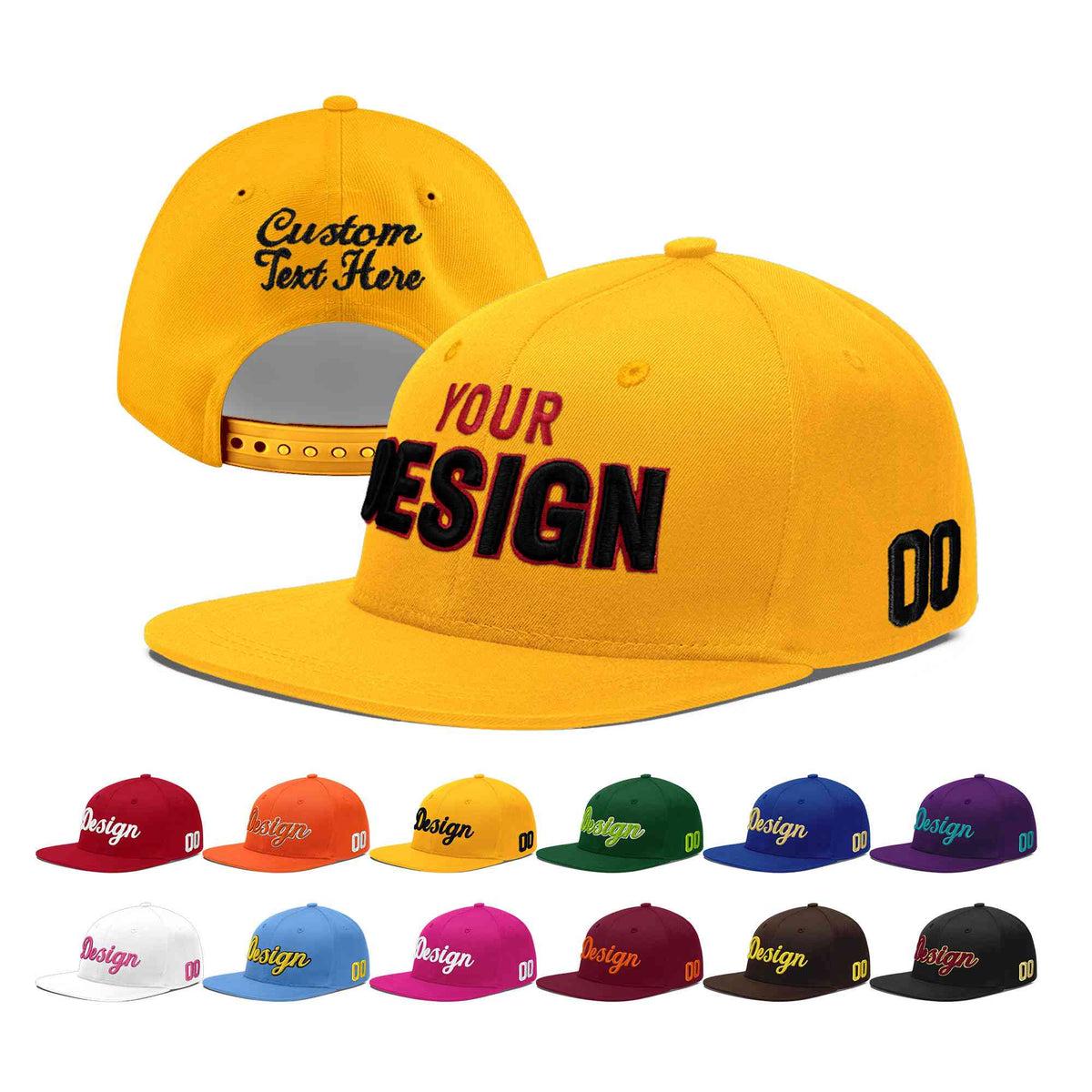 Custom Yellow 3D Puff Embroidery Flat Embroidery Casual Sport Baseball Cap