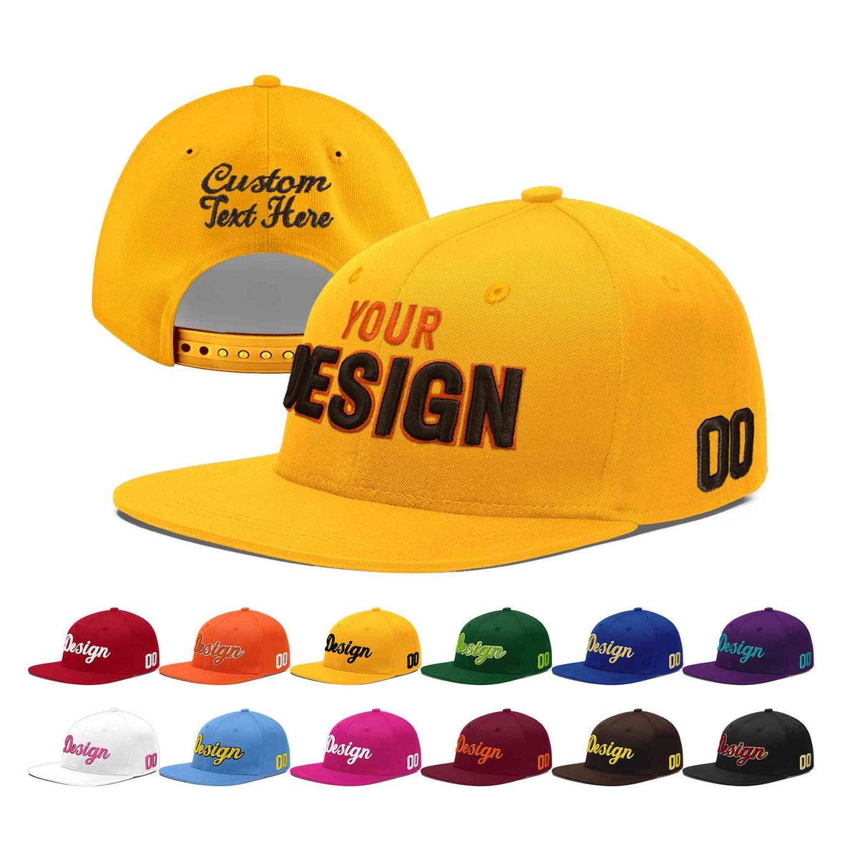 Custom Yellow 3D Puff Embroidery Flat Embroidery Casual Sport Baseball Cap