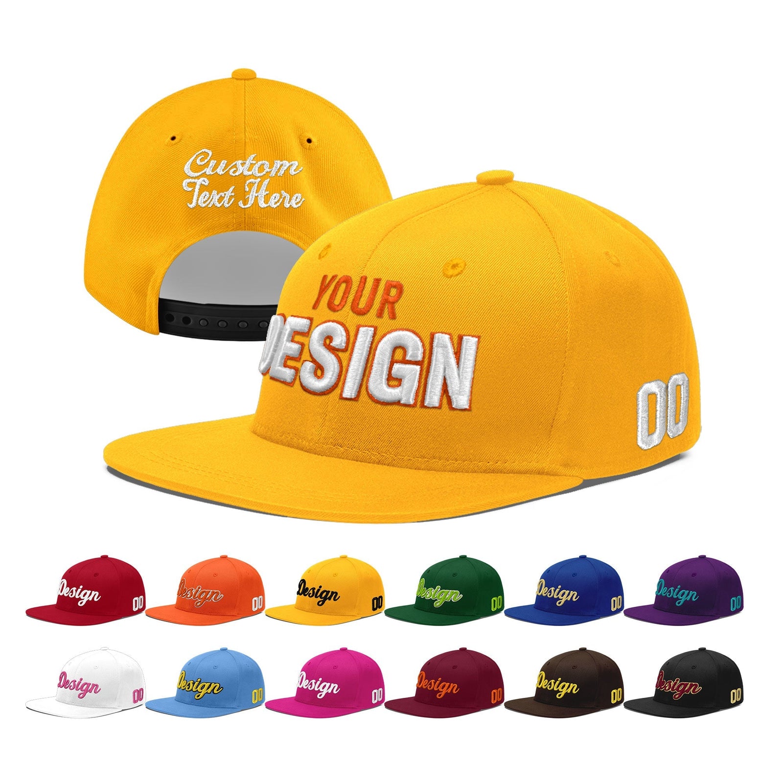 Custom Yellow 3D Puff Embroidery Flat Embroidery Casual Sport Baseball Cap