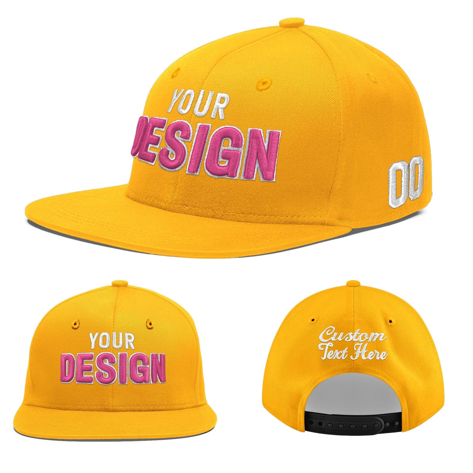 Custom Yellow 3D Puff Embroidery Flat Embroidery Casual Sport Baseball Cap