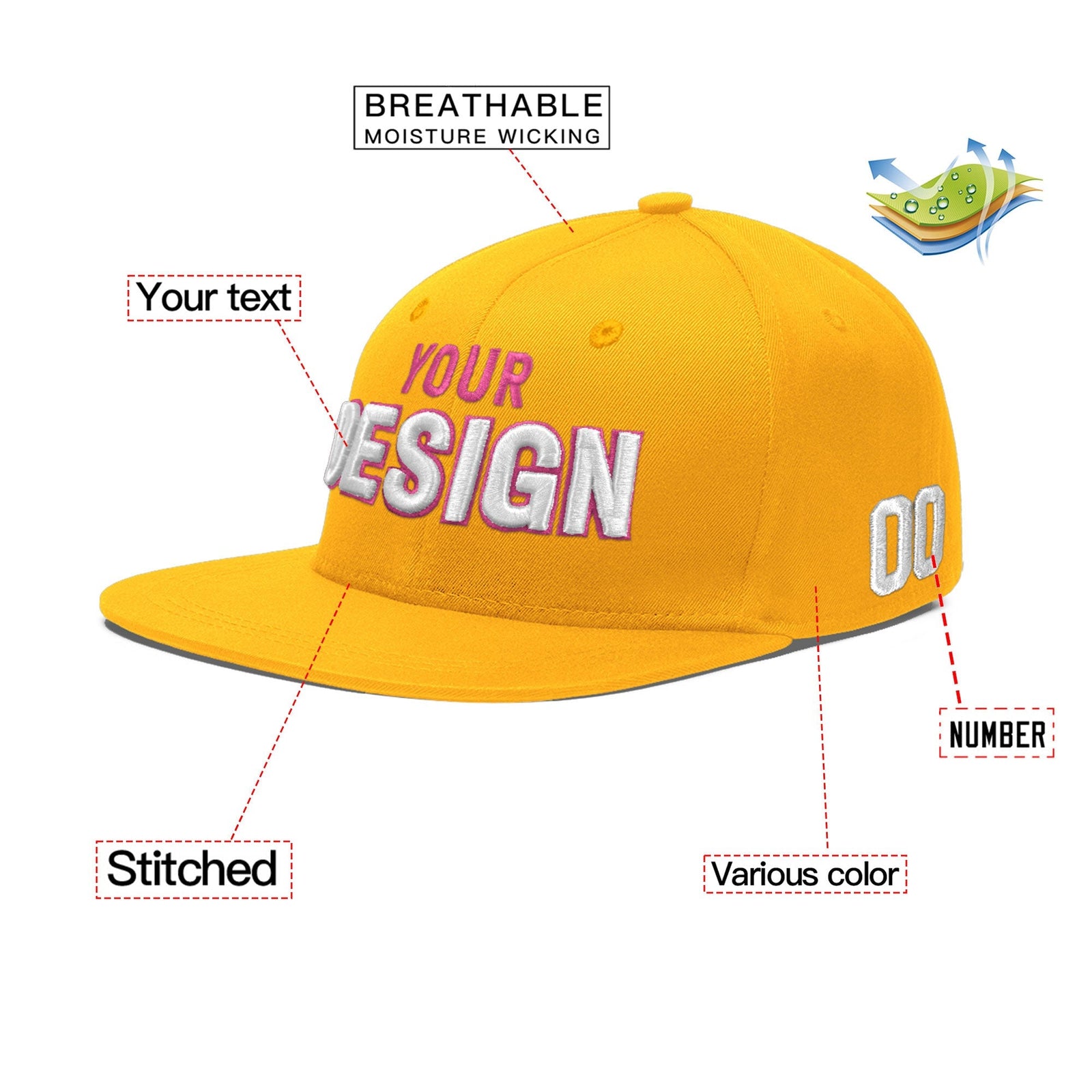 Custom Yellow 3D Puff Embroidery Flat Embroidery Casual Sport Baseball Cap