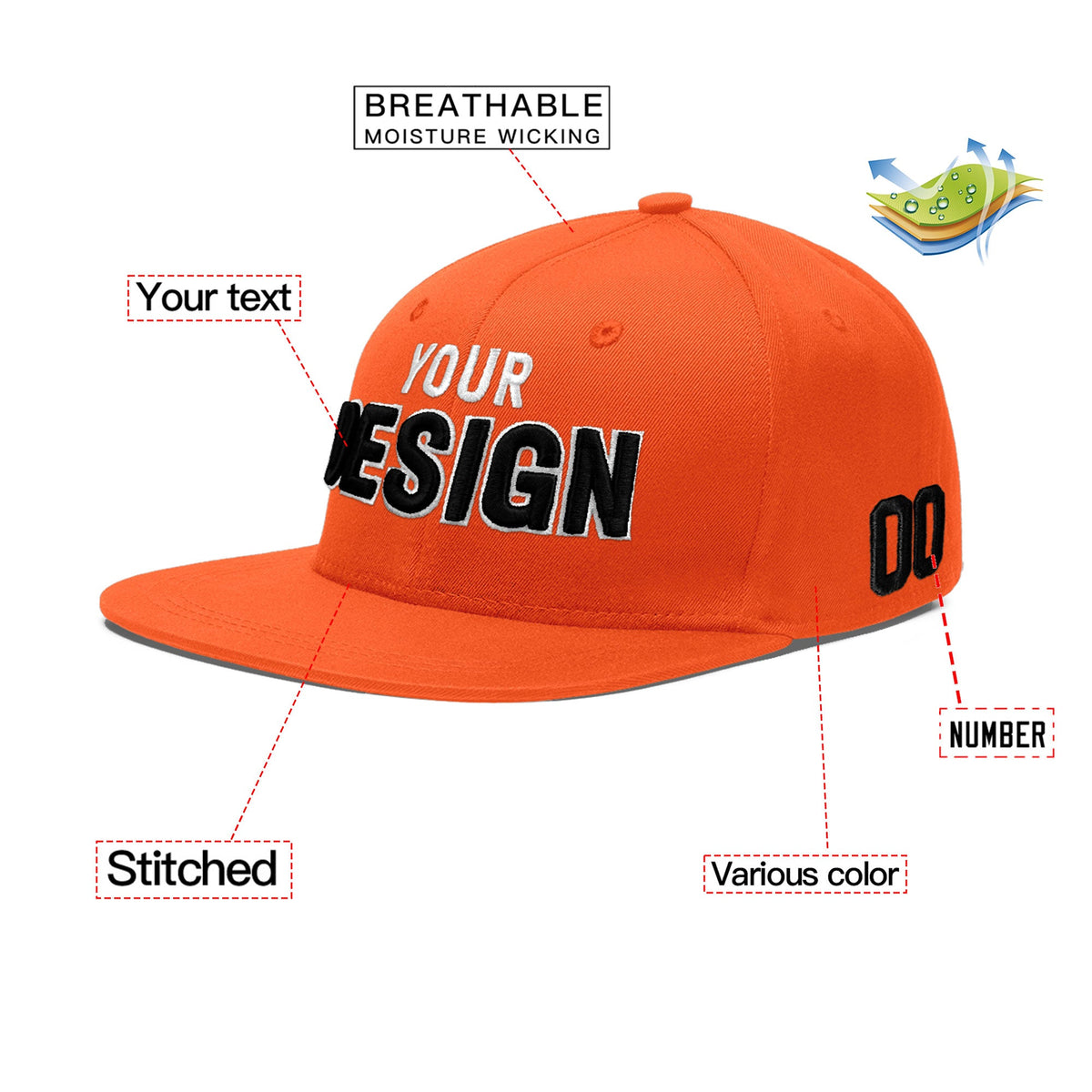 Custom Orange 3D Puff Embroidery Flat Embroidery Casual Sport Baseball Cap