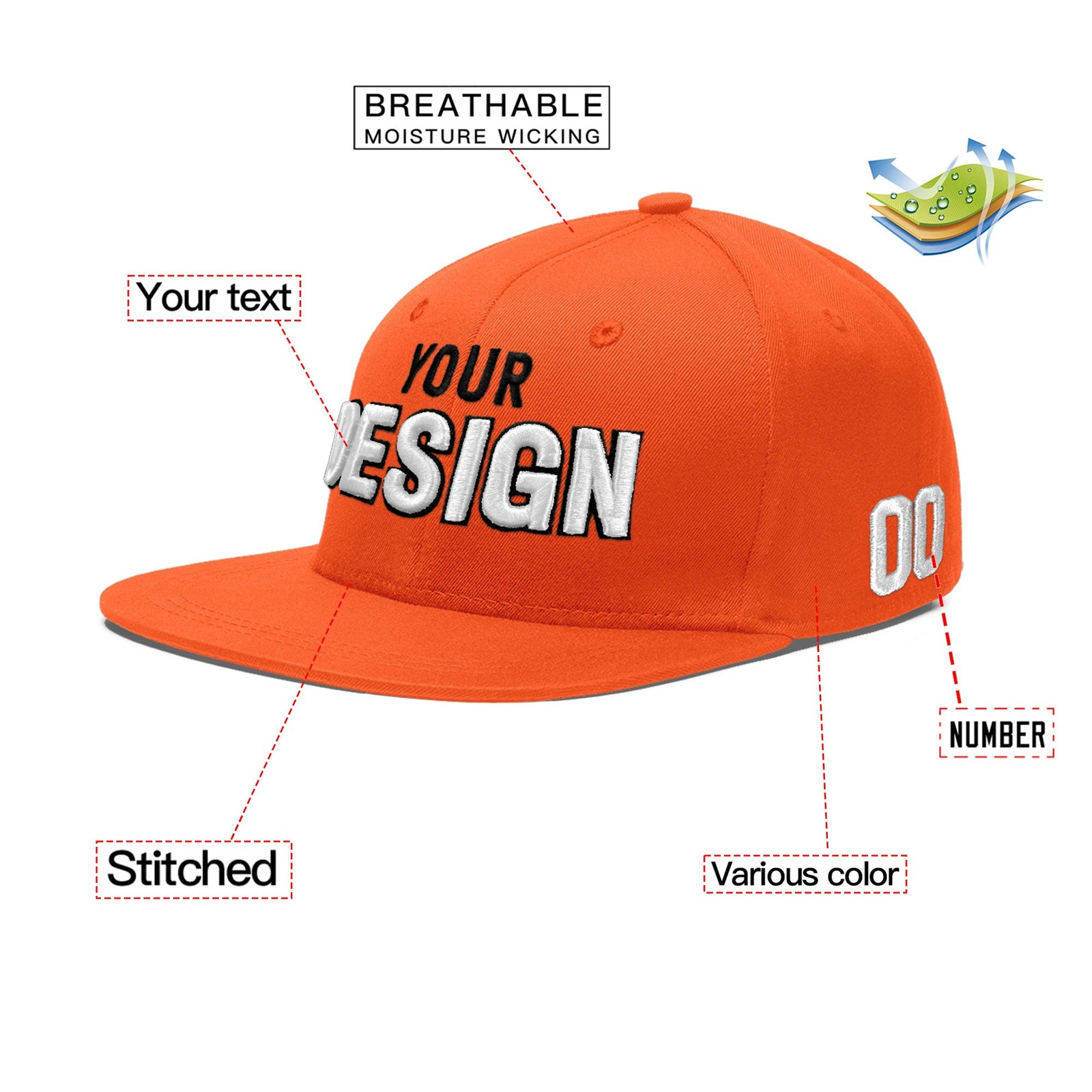 Custom Orange 3D Puff Embroidery Flat Embroidery Casual Sport Baseball Cap