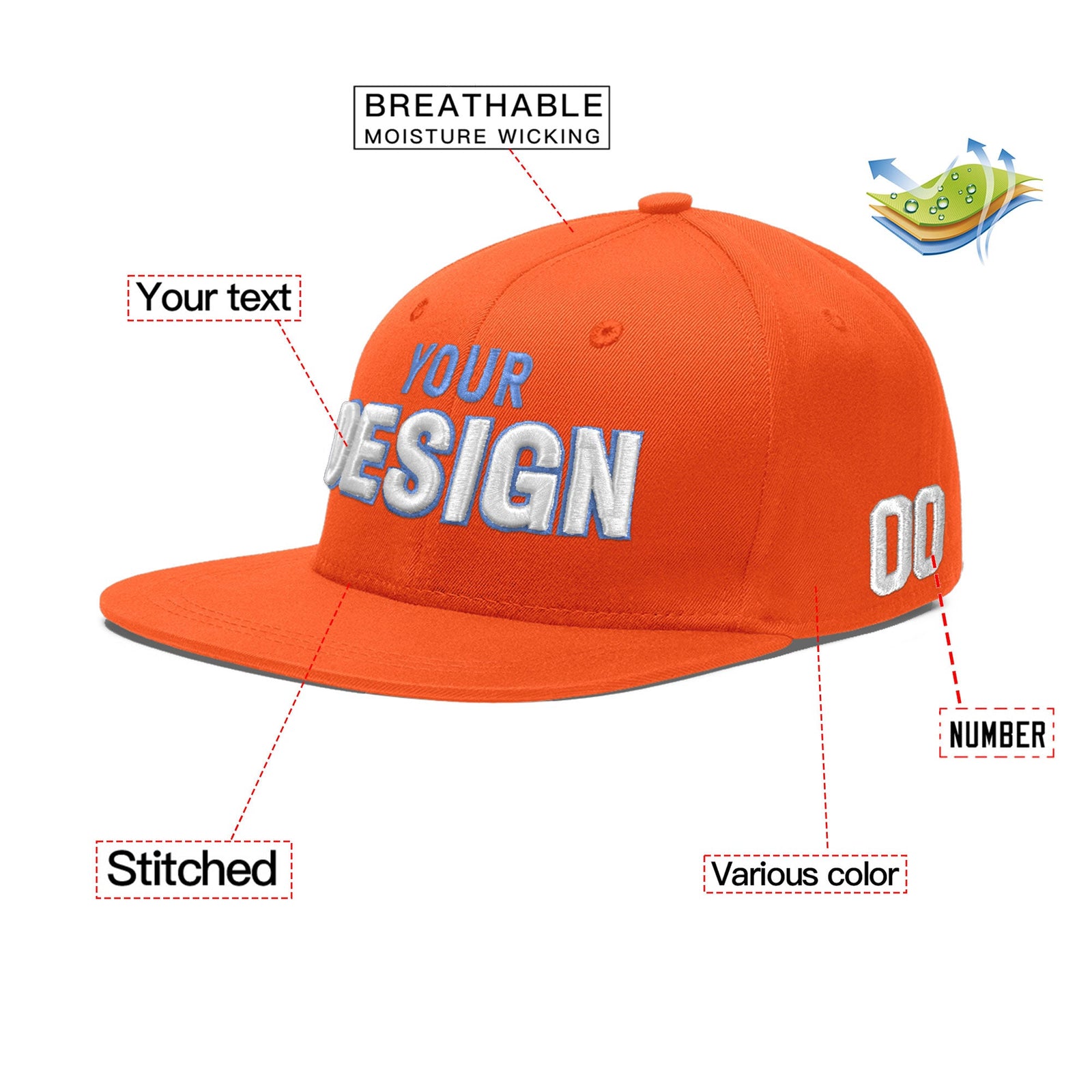 Custom Orange 3D Puff Embroidery Flat Embroidery Casual Sport Baseball Cap
