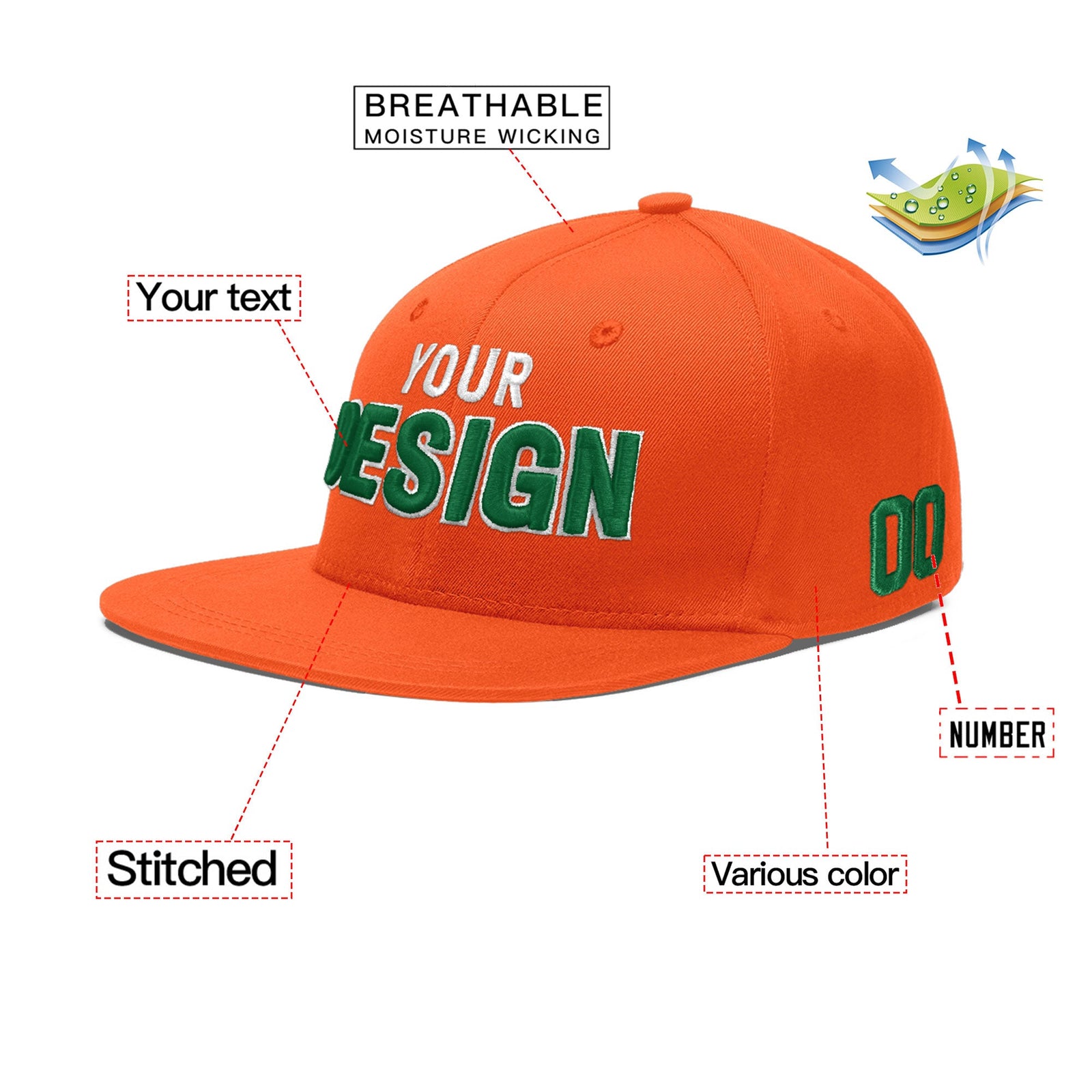 Custom Orange 3D Puff Embroidery Flat Embroidery Casual Sport Baseball Cap