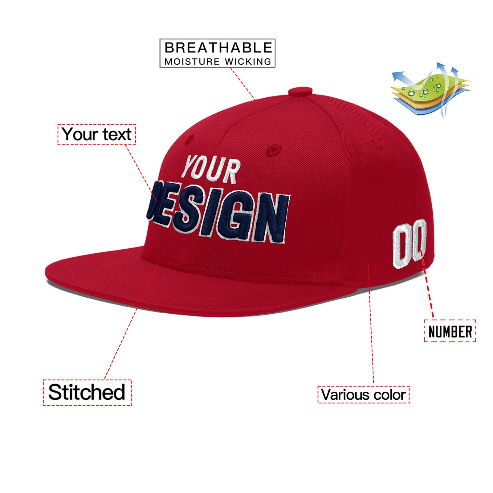 Custom Red 3D Puff Embroidery Flat Embroidery Casual Sport Baseball Cap