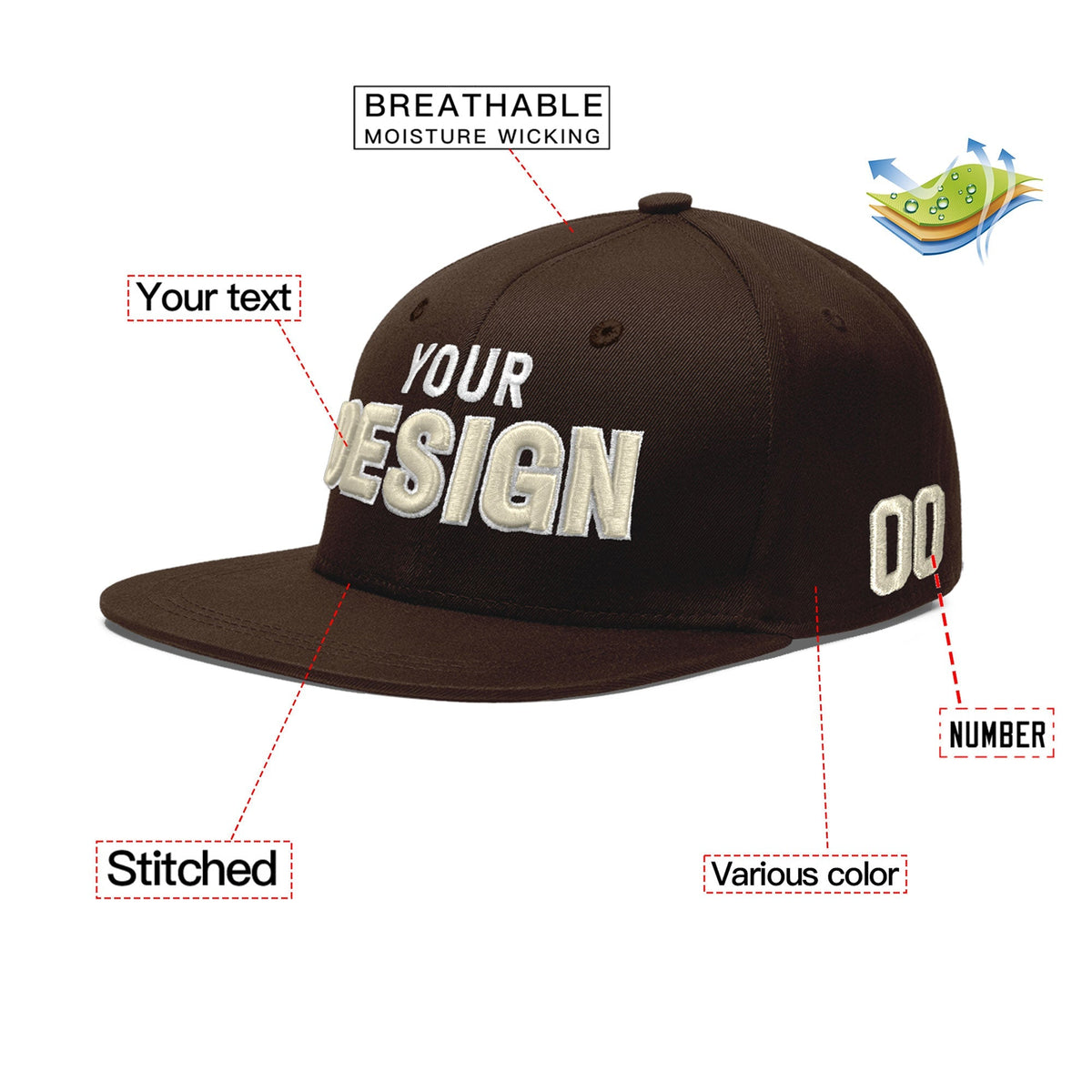 Custom Brown 3D Puff Embroidery Flat Embroidery Casual Sport Baseball Cap
