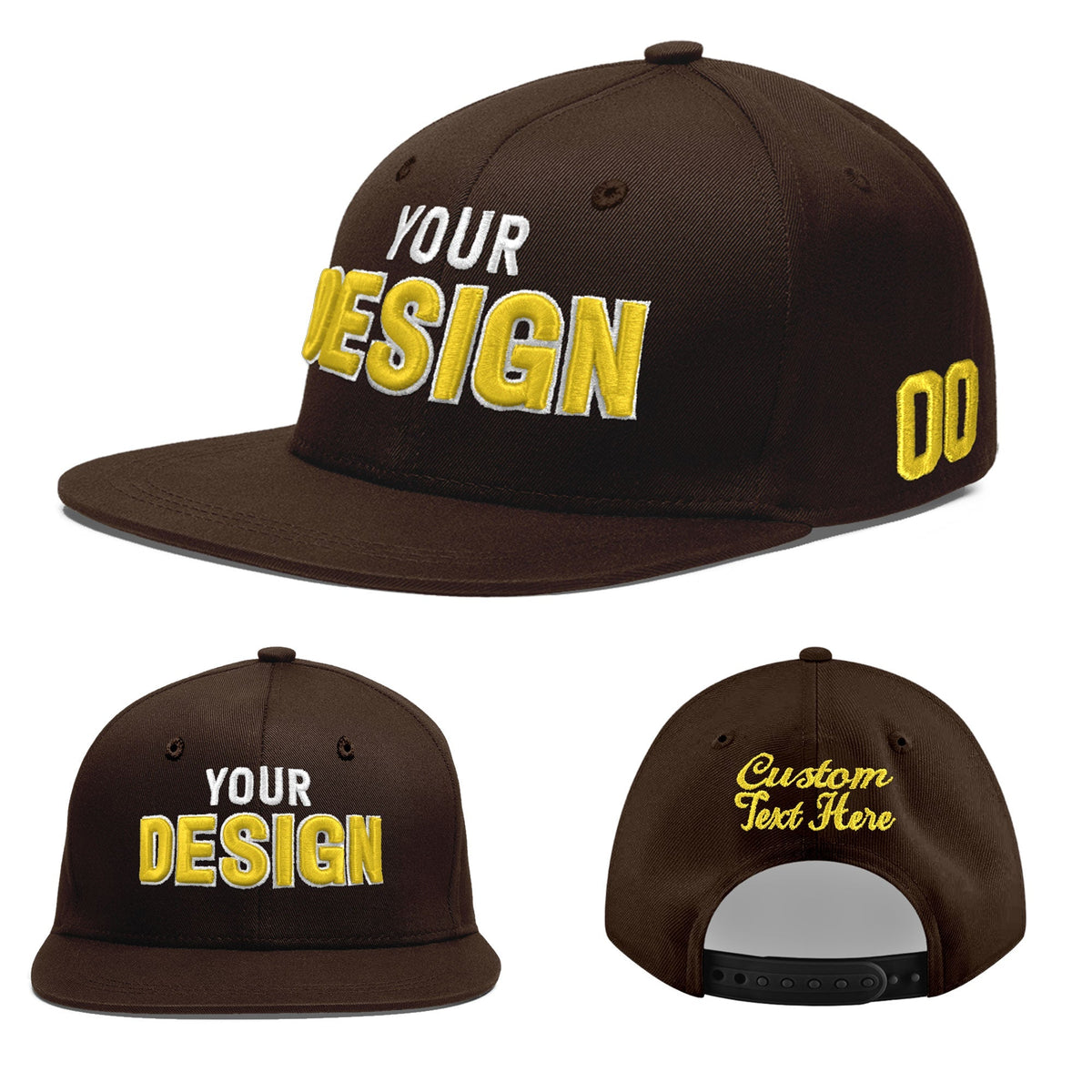Custom Brown 3D Puff Embroidery Flat Embroidery Casual Sport Baseball Cap