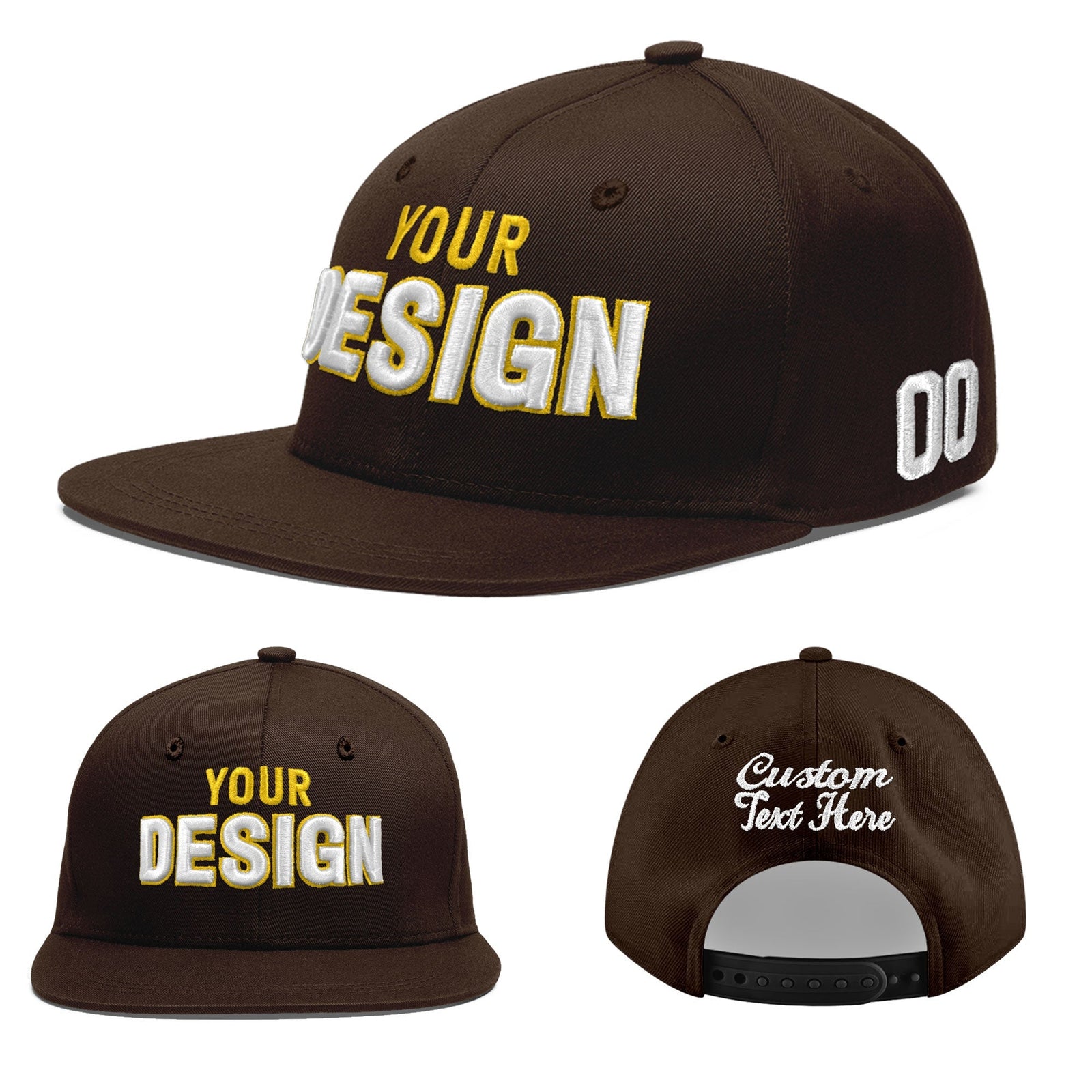 Custom Brown 3D Puff Embroidery Flat Embroidery Casual Sport Baseball Cap