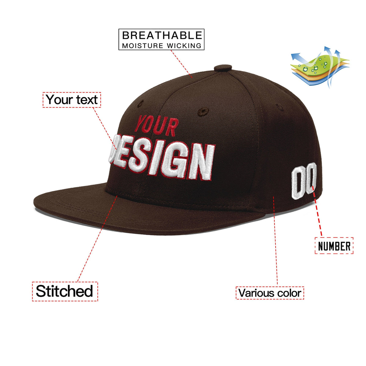 Custom Brown 3D Puff Embroidery Flat Embroidery Casual Sport Baseball Cap