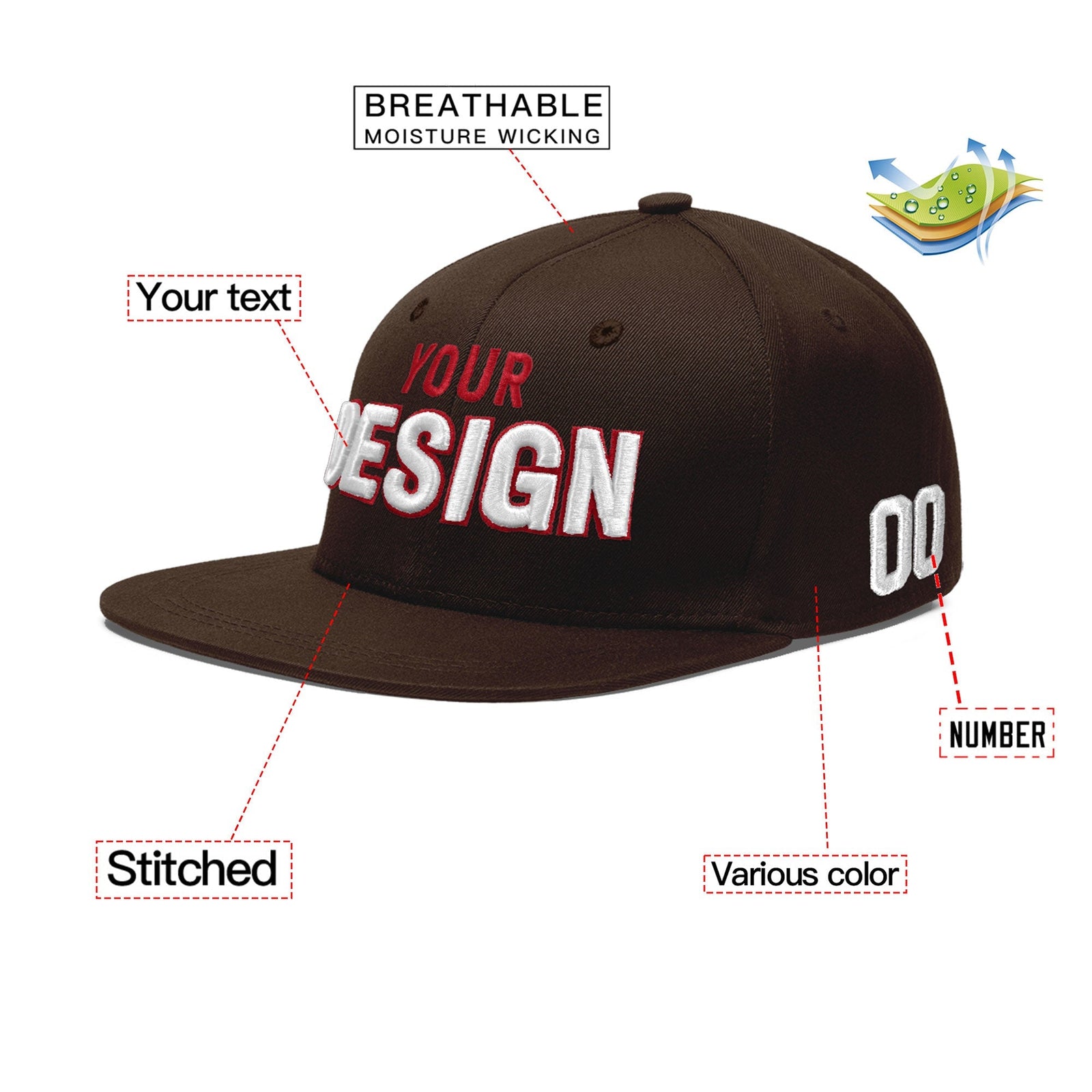 Custom Brown 3D Puff Embroidery Flat Embroidery Casual Sport Baseball Cap
