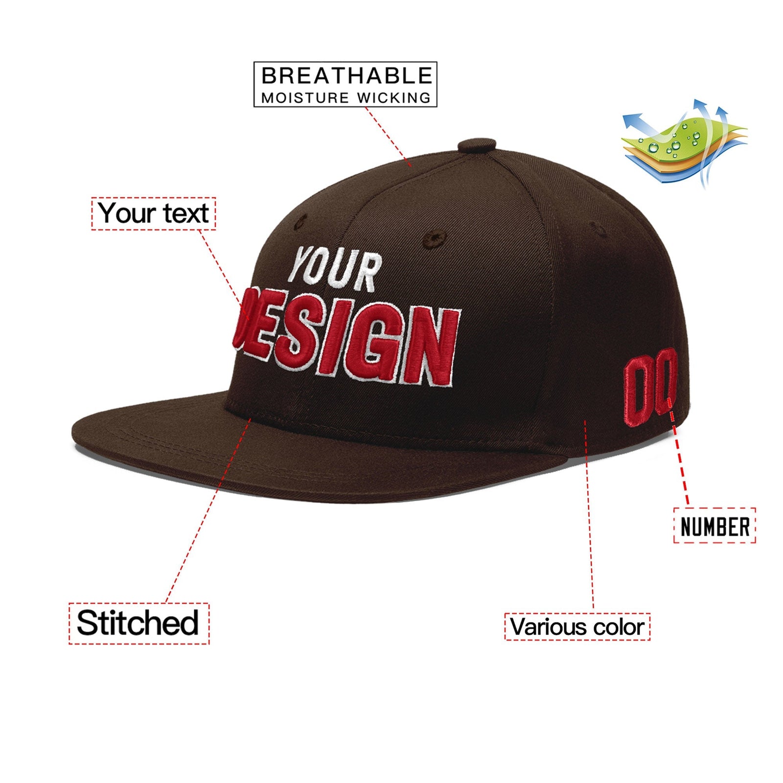 Custom Brown 3D Puff Embroidery Flat Embroidery Casual Sport Baseball Cap