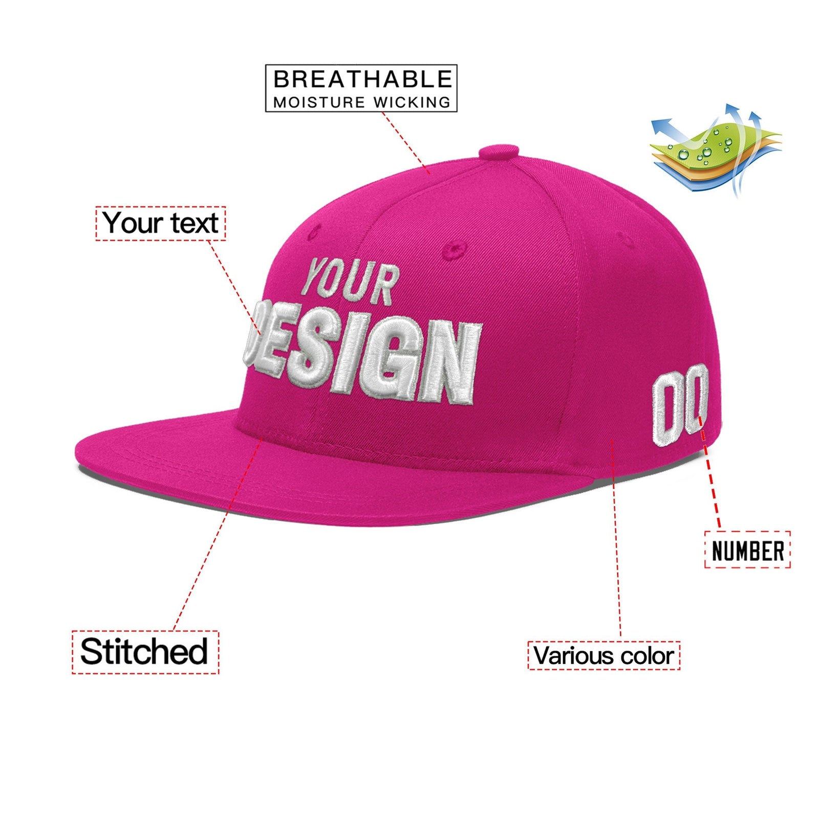 Custom Rose Red 3D Puff Embroidery Flat Embroidery Casual Sport Baseball Cap