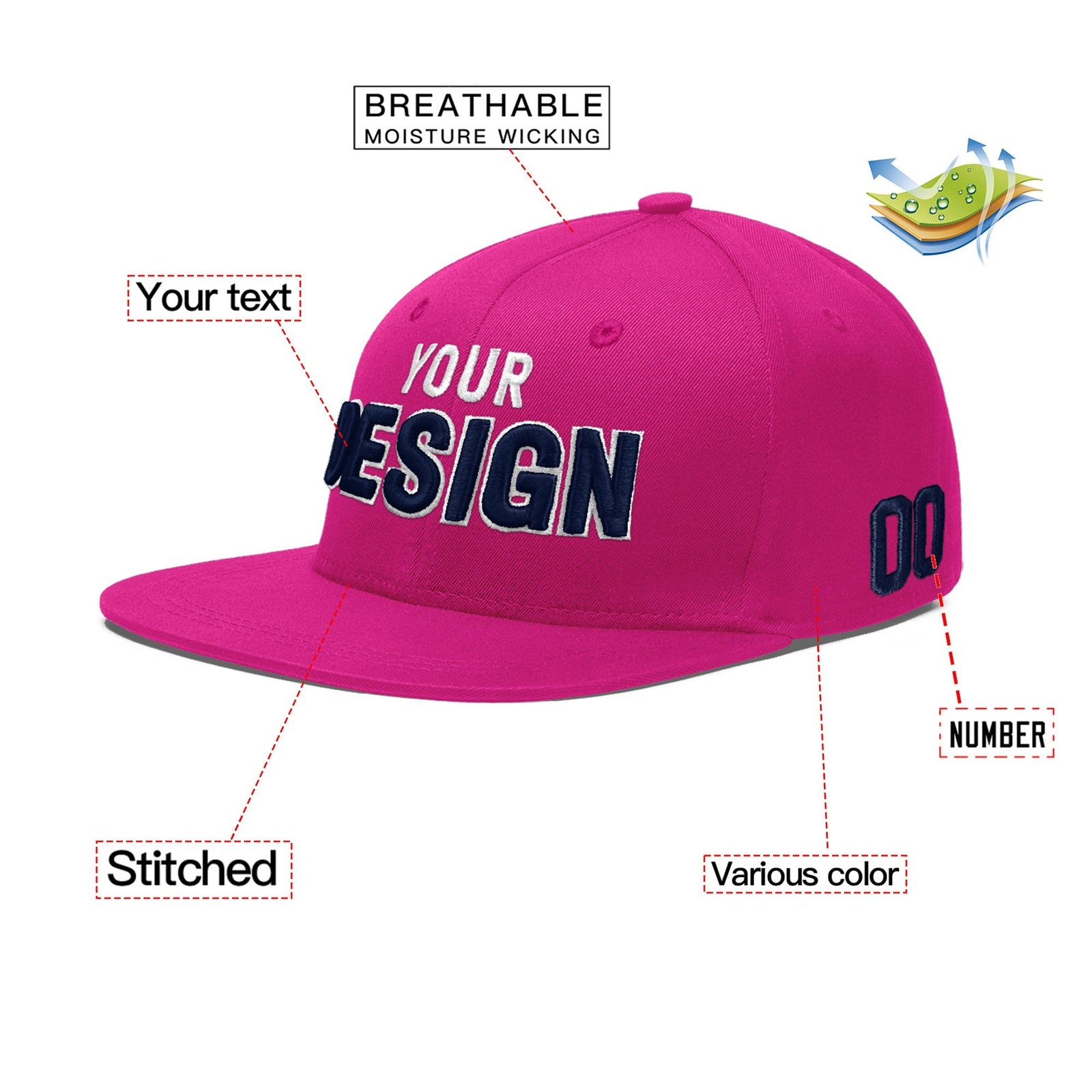 Custom Rose Red 3D Puff Embroidery Flat Embroidery Casual Sport Baseball Cap