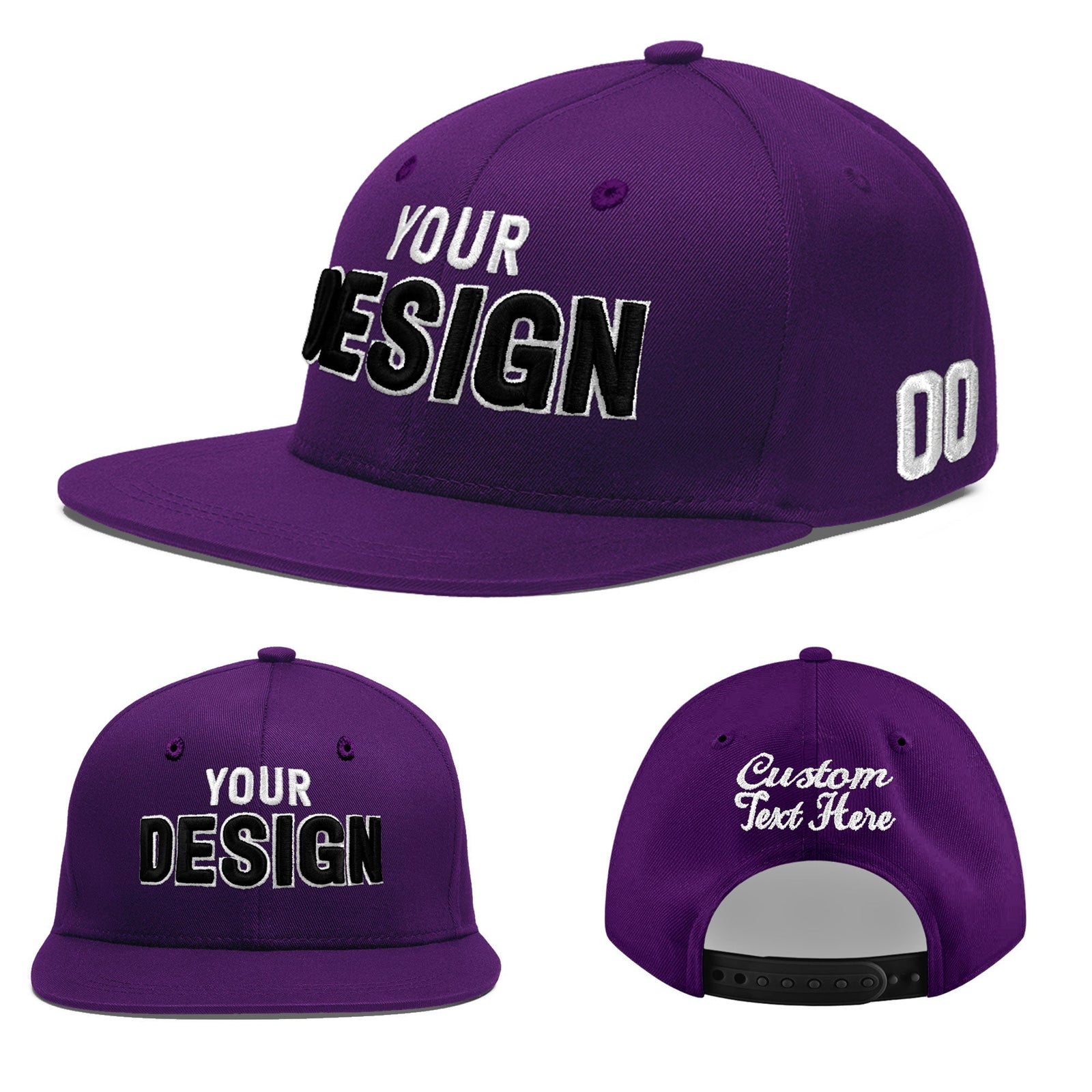 Custom Purple 3D Puff Embroidery Flat Embroidery Casual Sport Baseball Cap