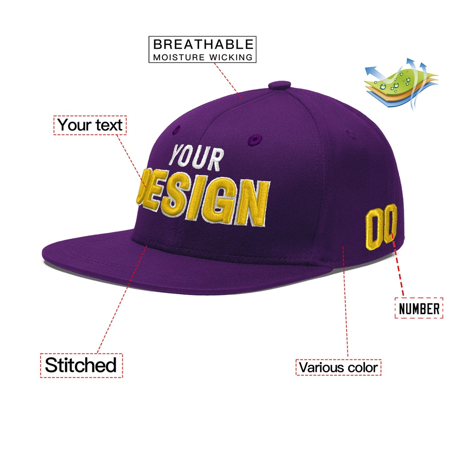 Custom Purple 3D Puff Embroidery Flat Embroidery Casual Sport Baseball Cap