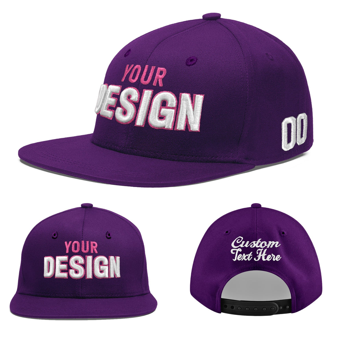 Custom Purple 3D Puff Embroidery Flat Embroidery Casual Sport Baseball Cap