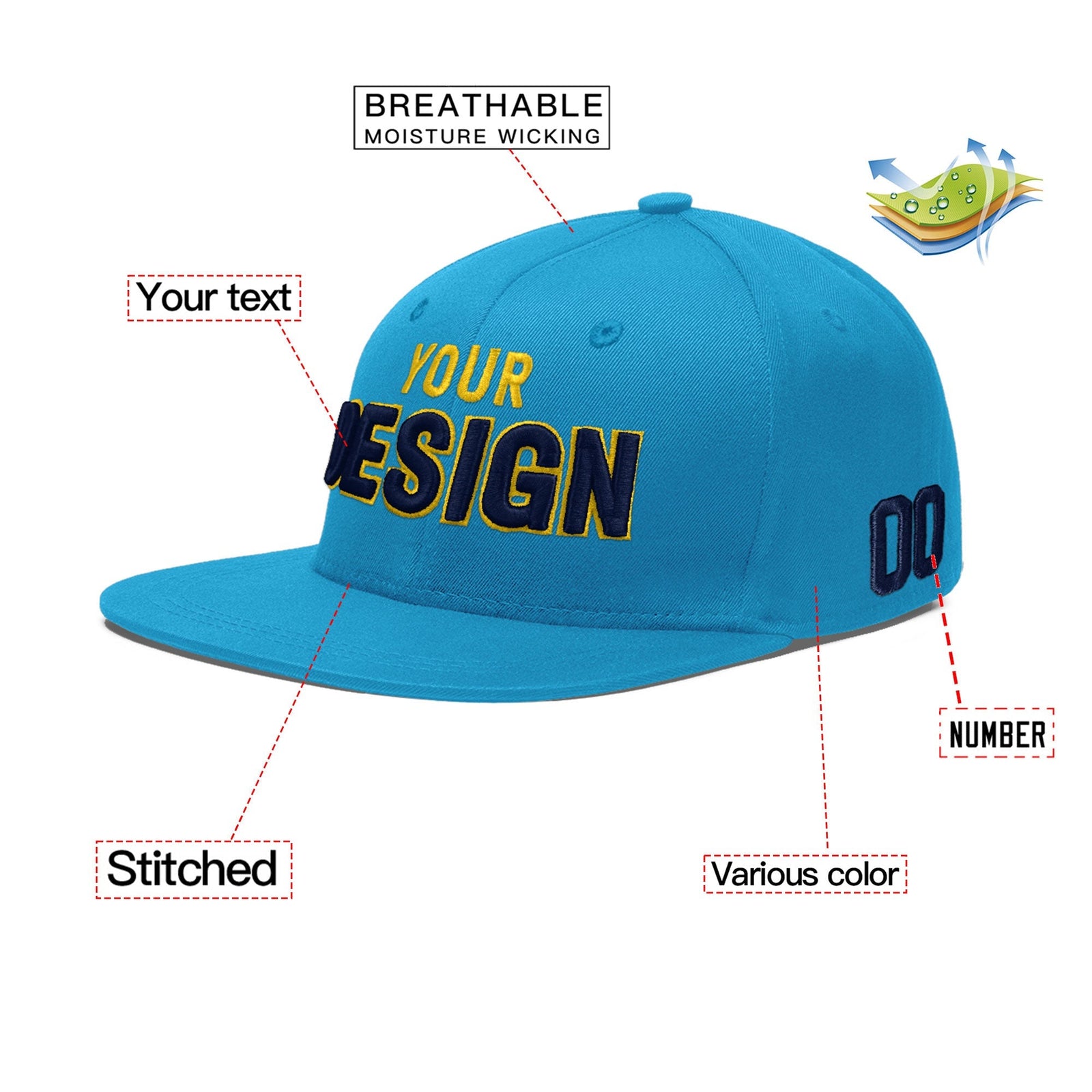 Custom Light Blue 3D Puff Embroidery Flat Embroidery Casual Sport Baseball Cap
